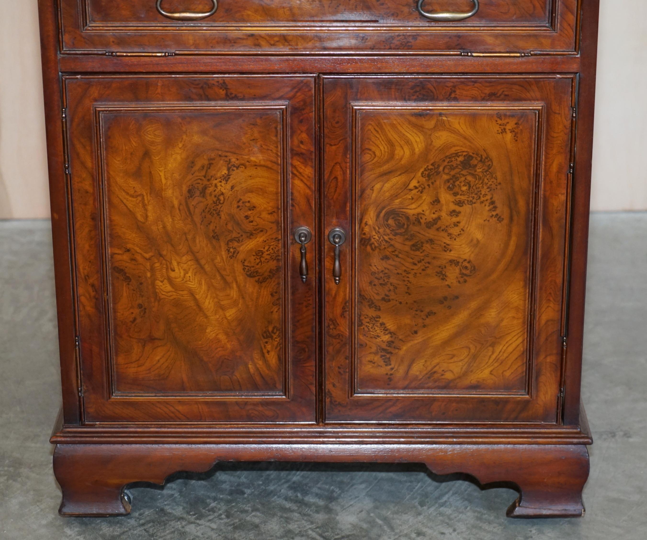 Hand-Crafted Burr Elm with Green Leather Top Side Cupboard for Hiding Printer Part of Suite For Sale