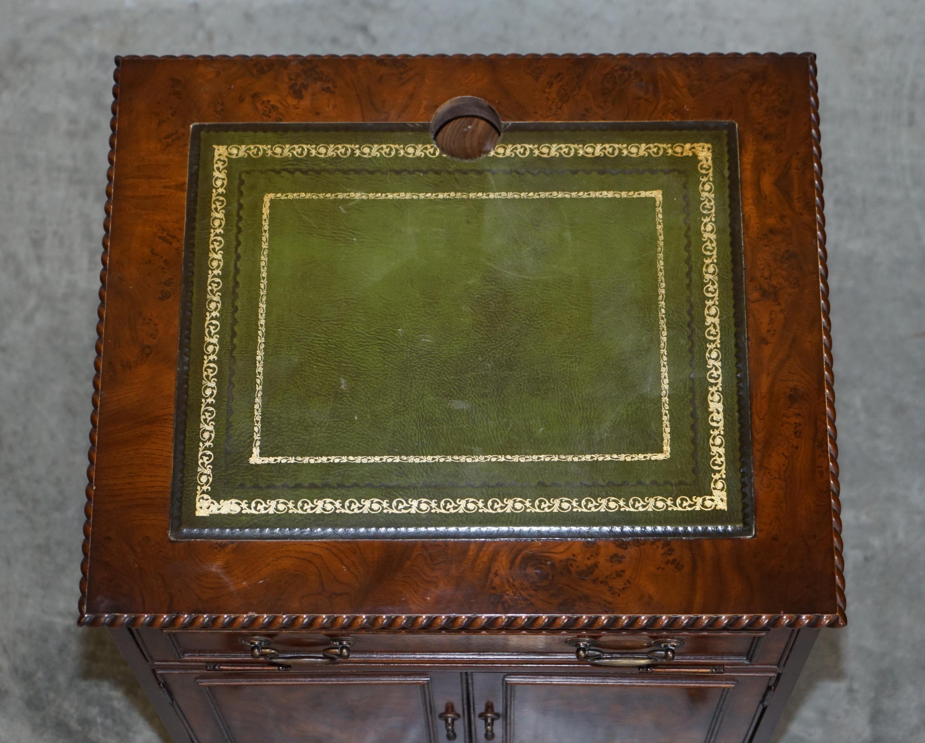 Burr Elm with Green Leather Top Side Cupboard for Hiding Printer Part of Suite For Sale 1