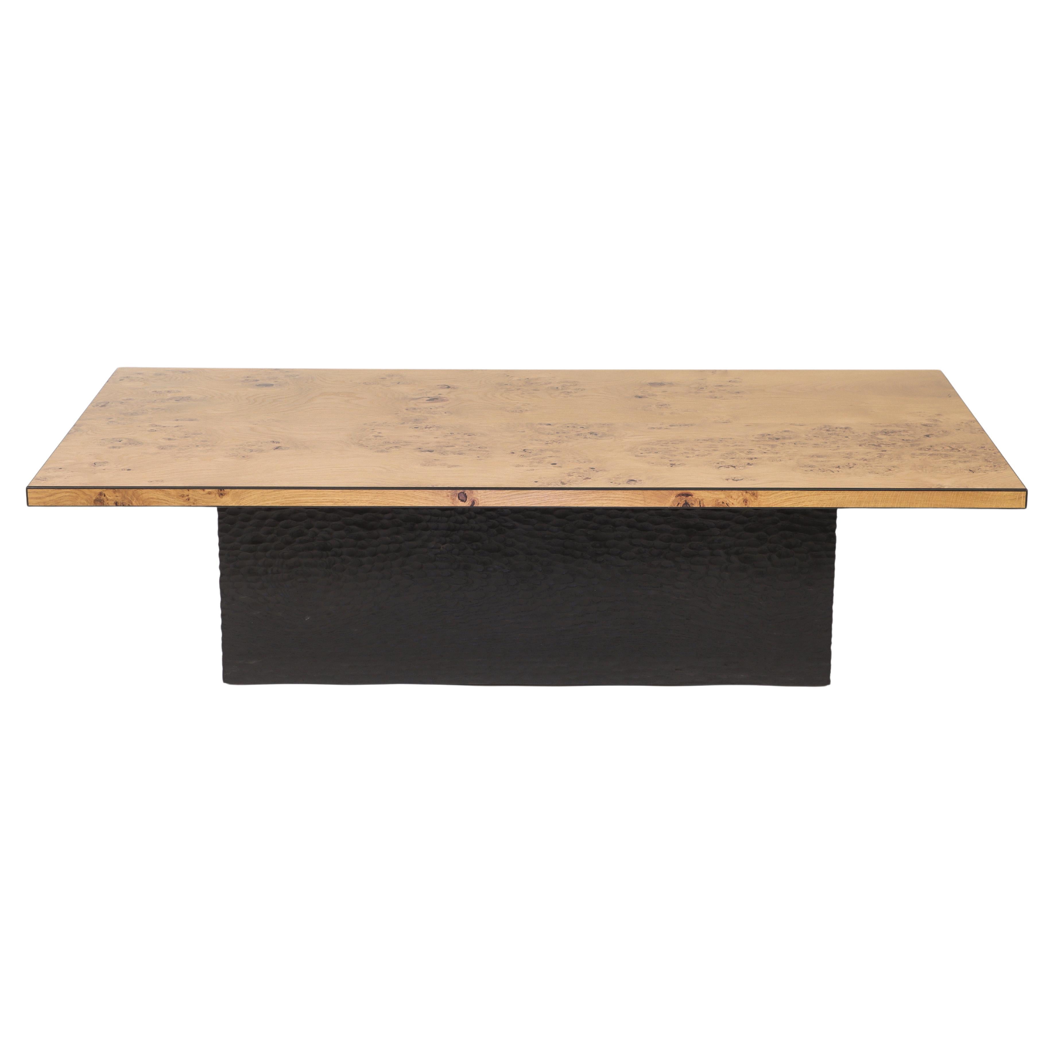 Burr Oak And Ebony Coffee Table With Textured Ebonised Base By Sean Evelegh For Sale