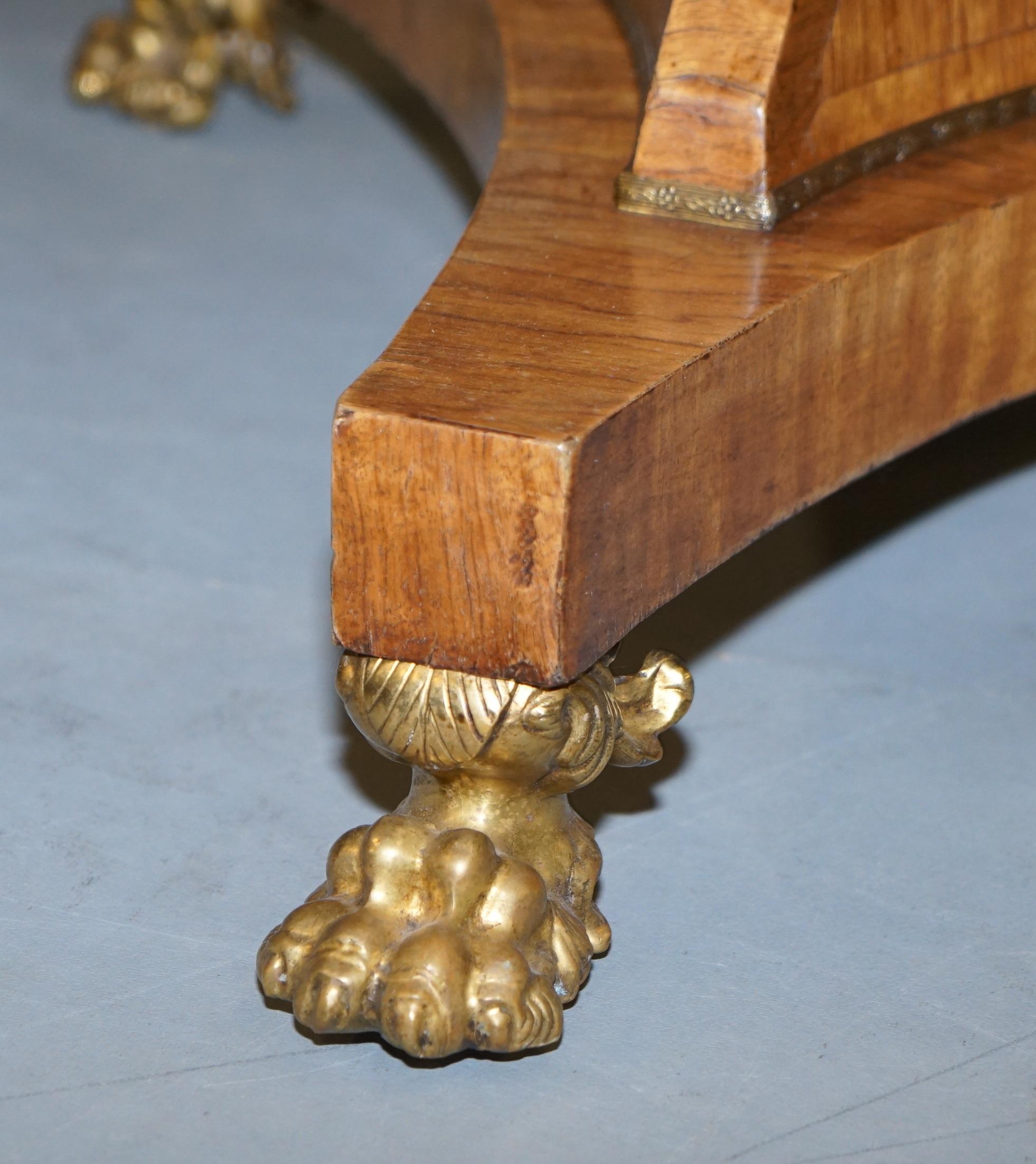 Burr Pollard Oak Regency Style Drum Table Gilt Bronze Lions Hairy Paw Feet 11