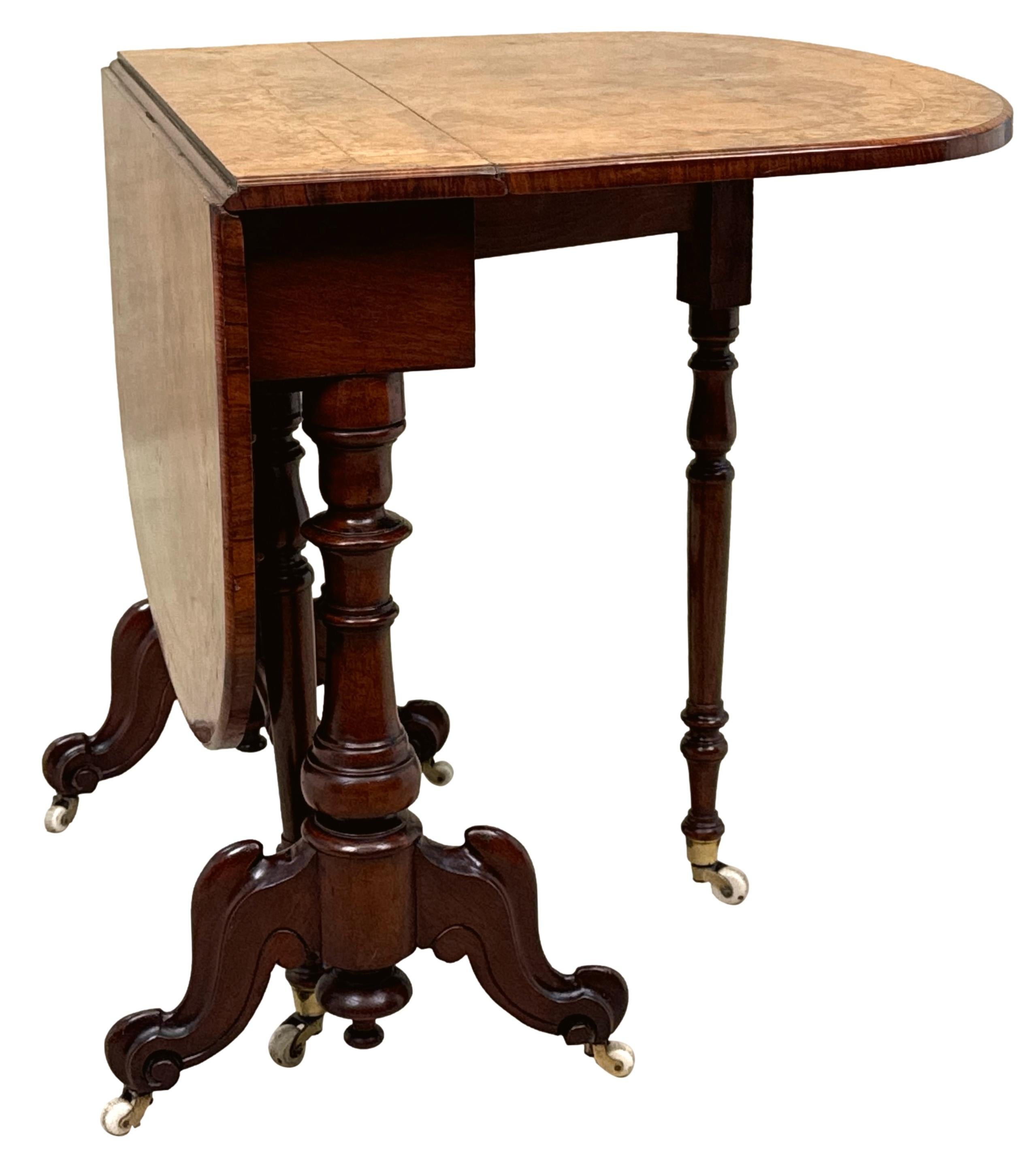 A Fine Quality Late 19th Century, Victorian Period, Burr Walnut Baby Sutherland Table, Of Bold Proportion, Having Superbly Figured Drop Flap Top With Rounded Ends, Raised On Attractive Turned Upright End Supports And Carved Cabriole Legs With