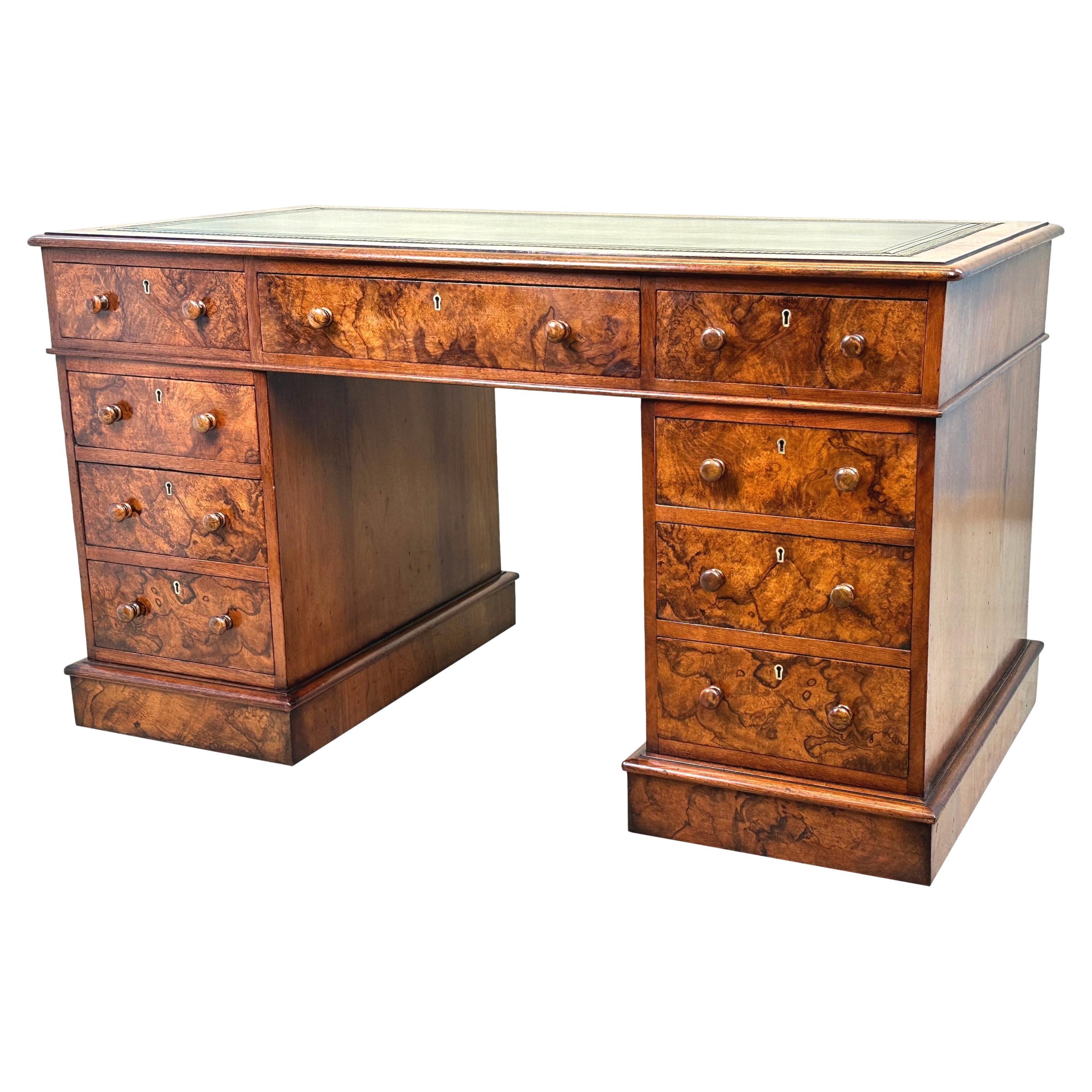Burr Walnut 19th Century Pedestal Desk For Sale