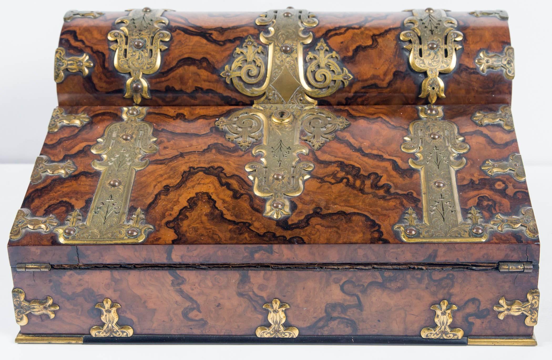 English Burr Walnut and Brass Traveling Lap Desk
