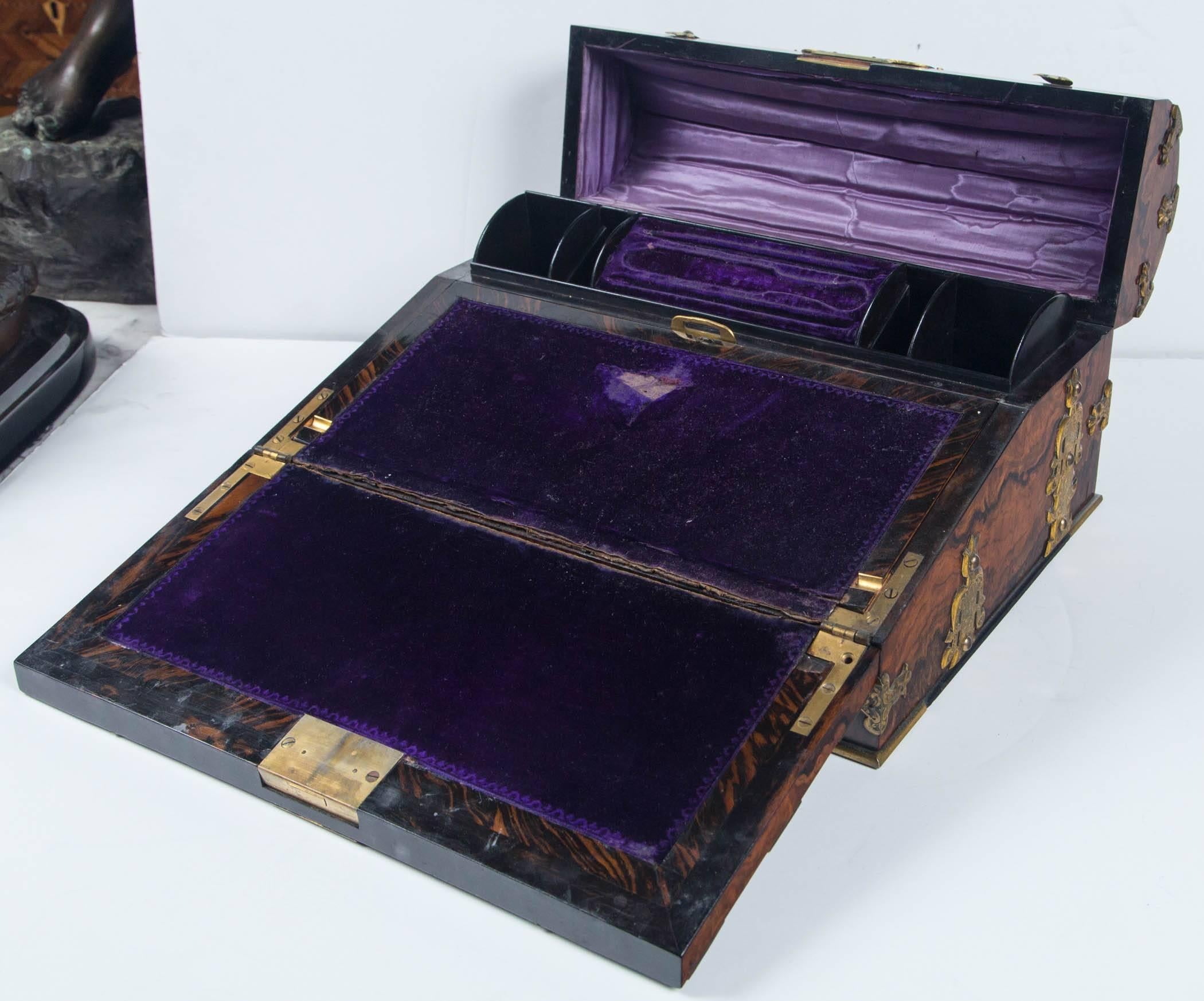 Burr Walnut and Brass Traveling Lap Desk In Excellent Condition In Woodbury, CT