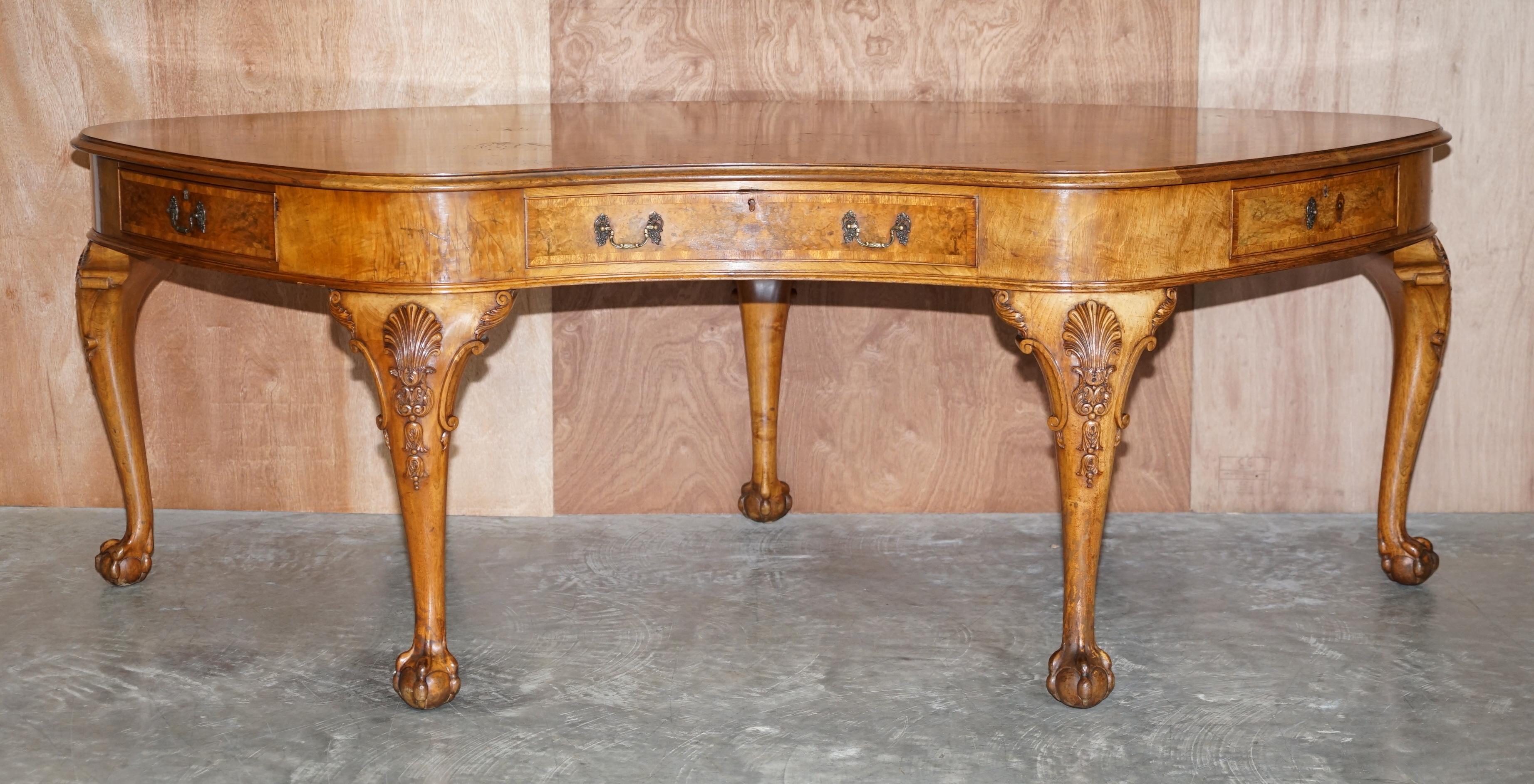 Late Victorian Burr Walnut Antique Victorian Lion Claw & Ball Feet Kidney Library Table Desk