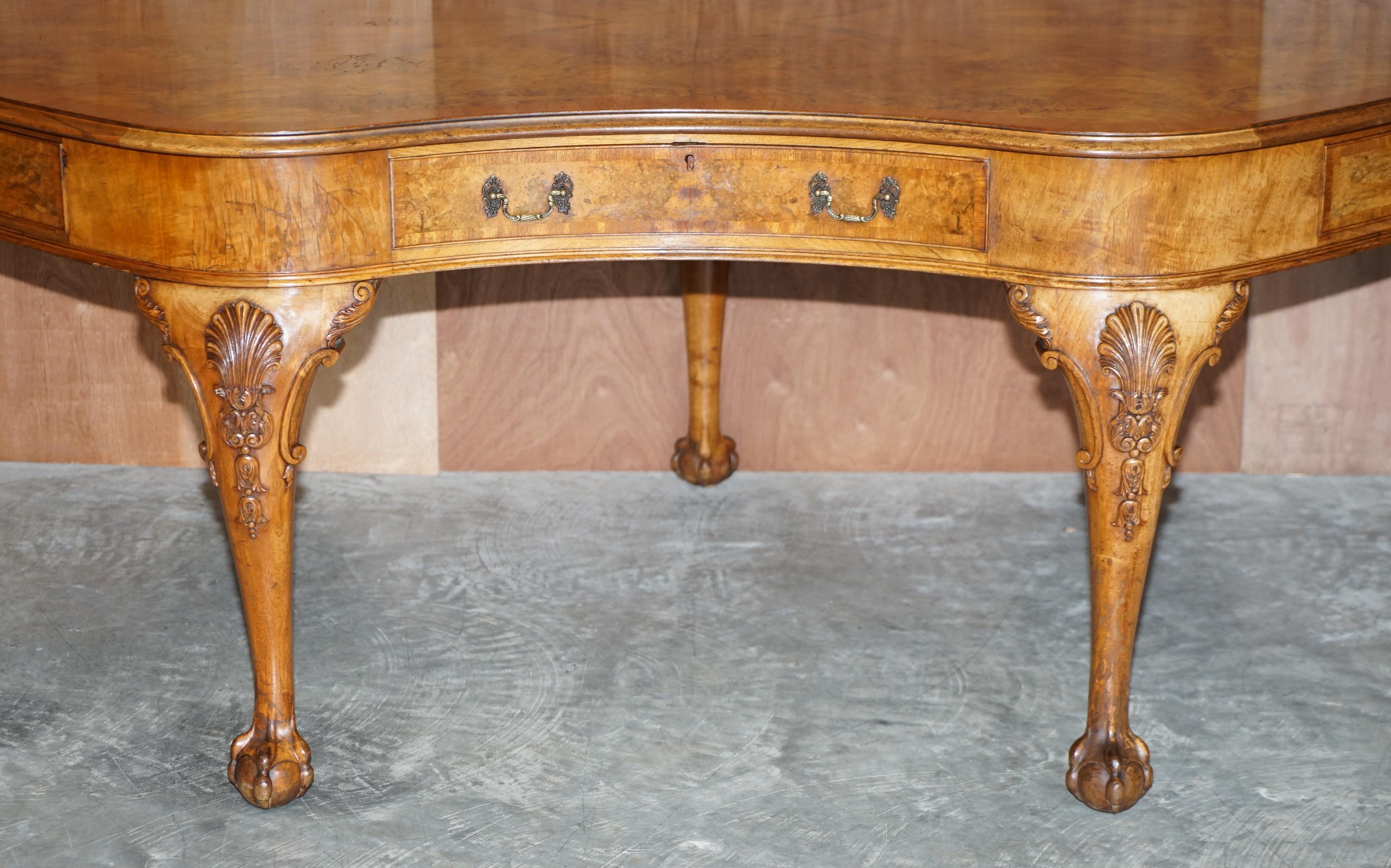 English Burr Walnut Antique Victorian Lion Claw & Ball Feet Kidney Library Table Desk