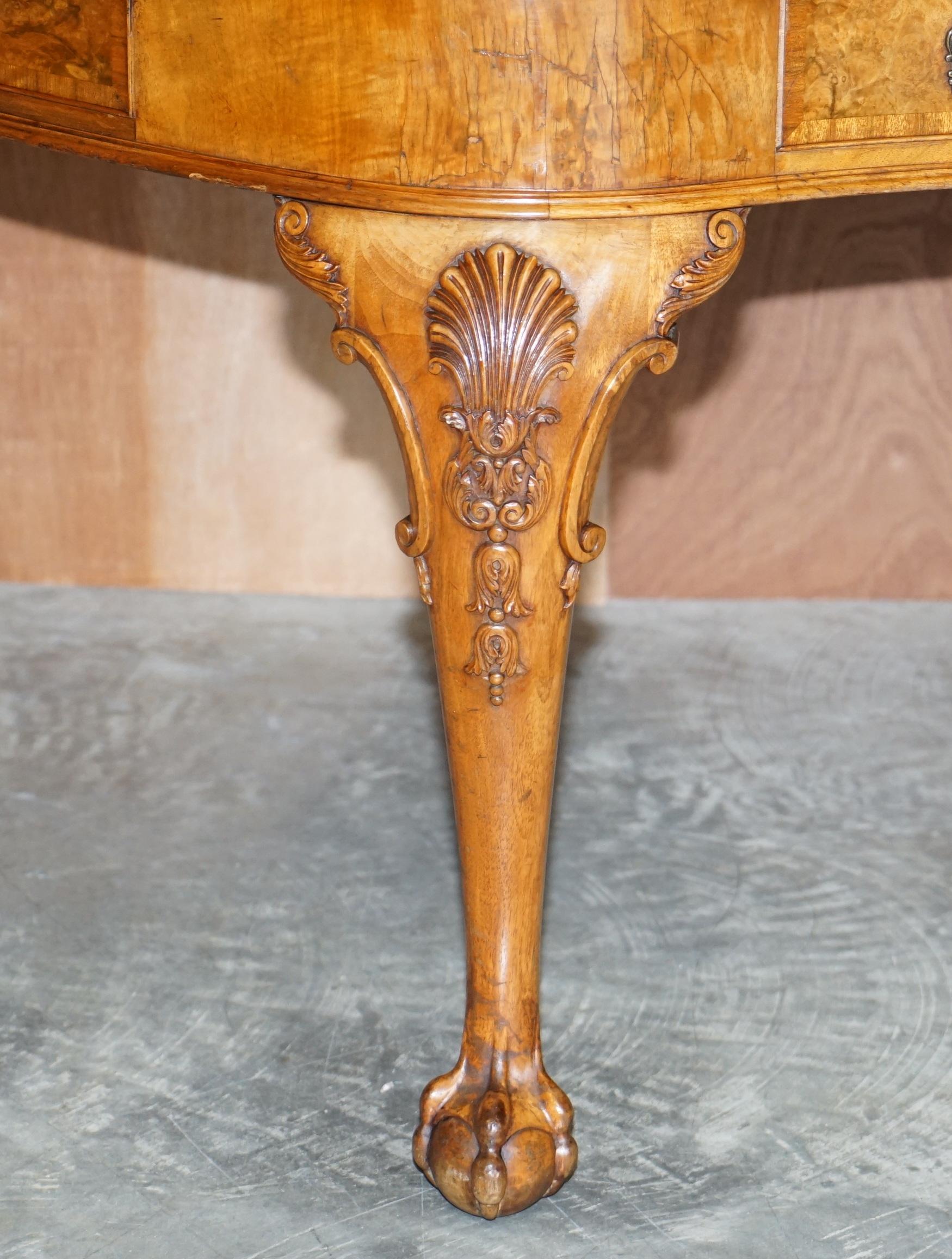 Hand-Crafted Burr Walnut Antique Victorian Lion Claw & Ball Feet Kidney Library Table Desk