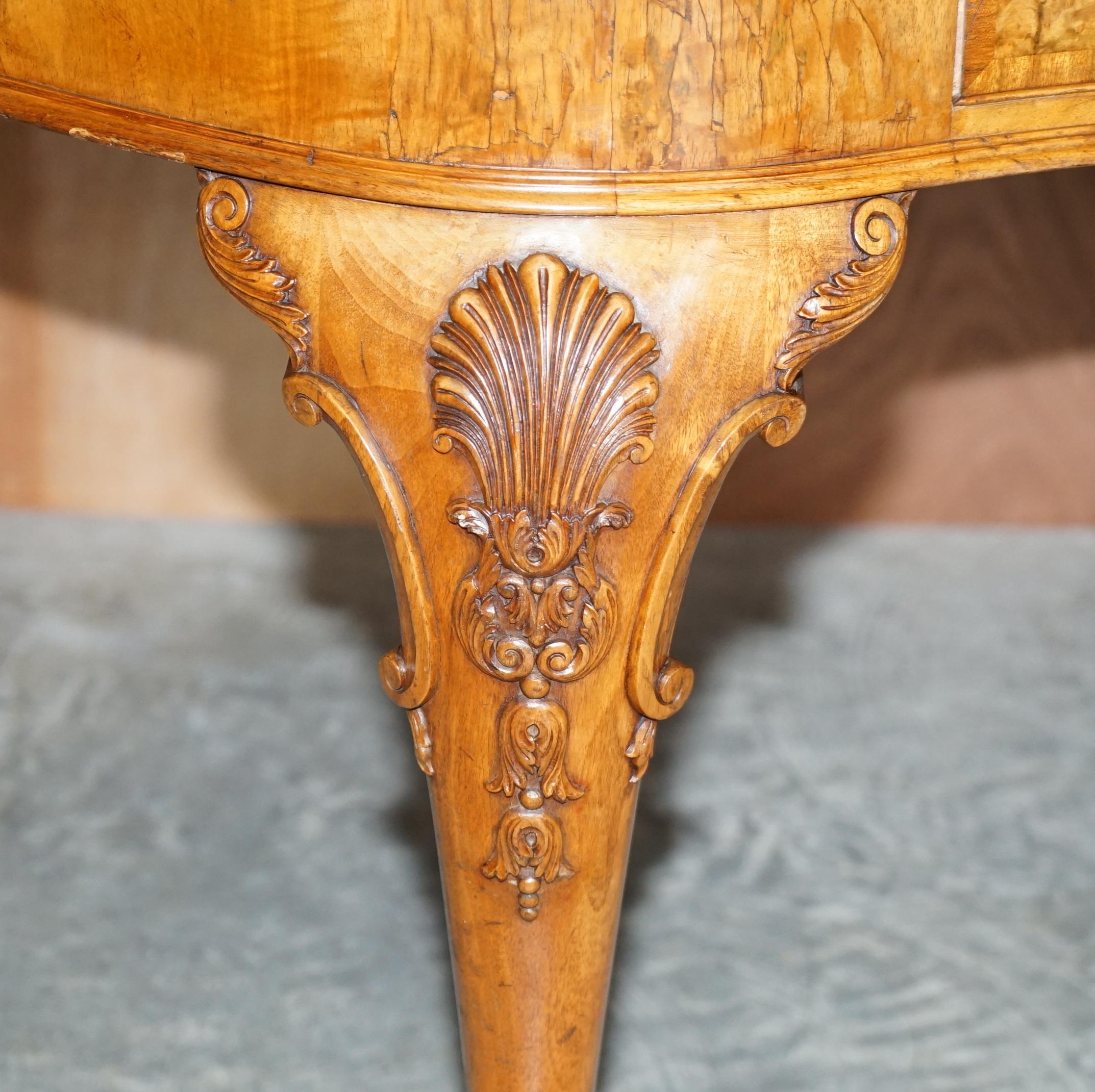 19th Century Burr Walnut Antique Victorian Lion Claw & Ball Feet Kidney Library Table Desk