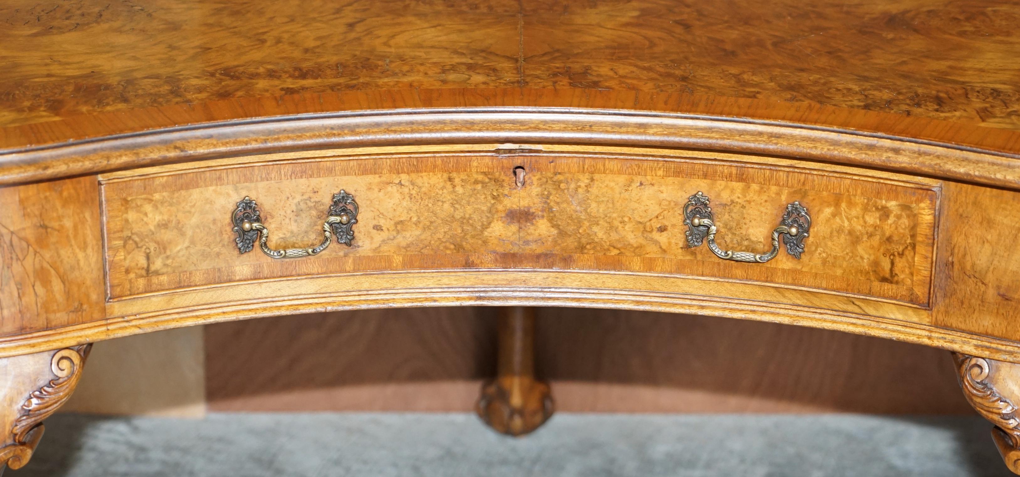 Burr Walnut Antique Victorian Lion Claw & Ball Feet Kidney Library Table Desk 2