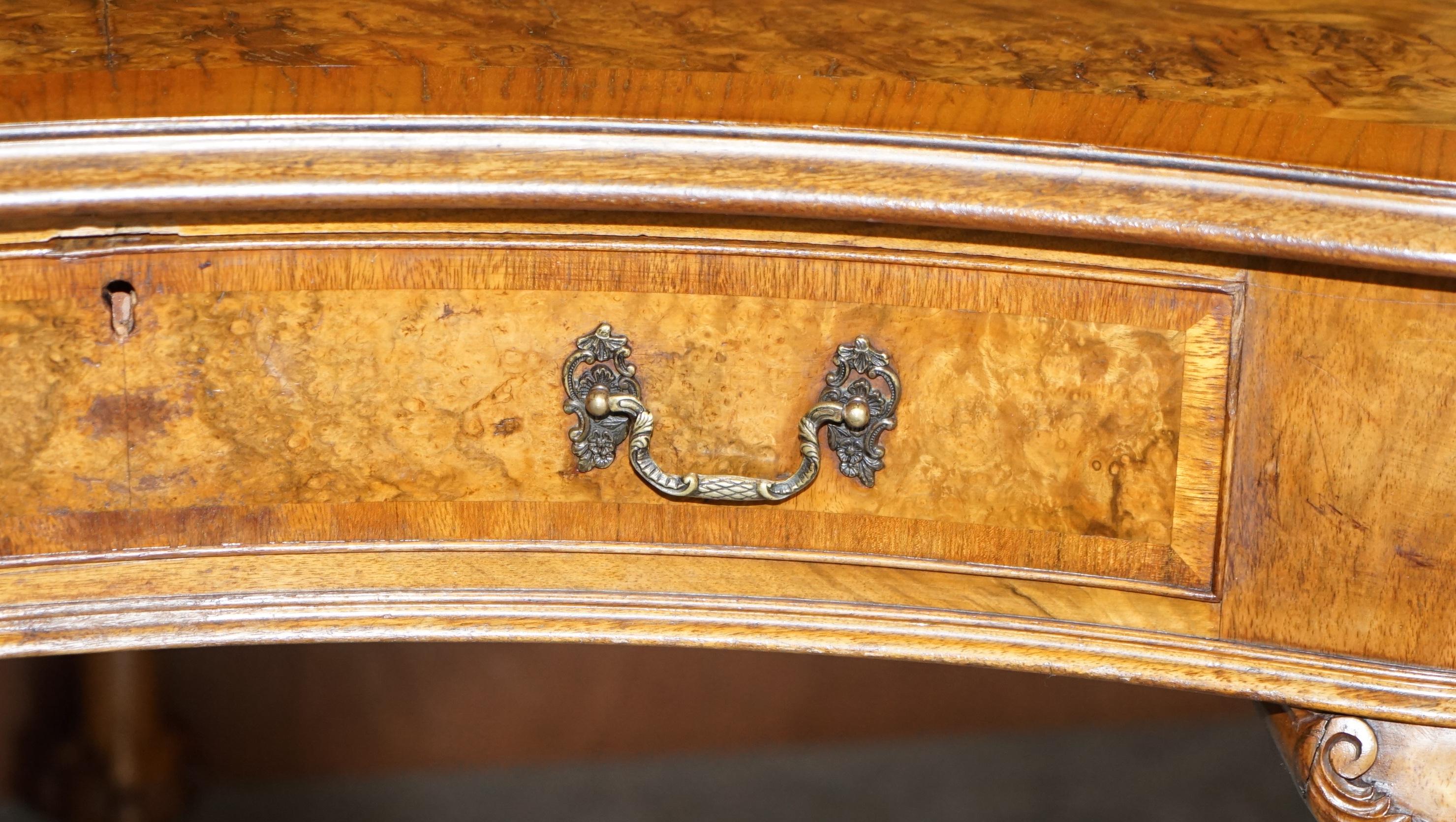 Burr Walnut Antique Victorian Lion Claw & Ball Feet Kidney Library Table Desk 3