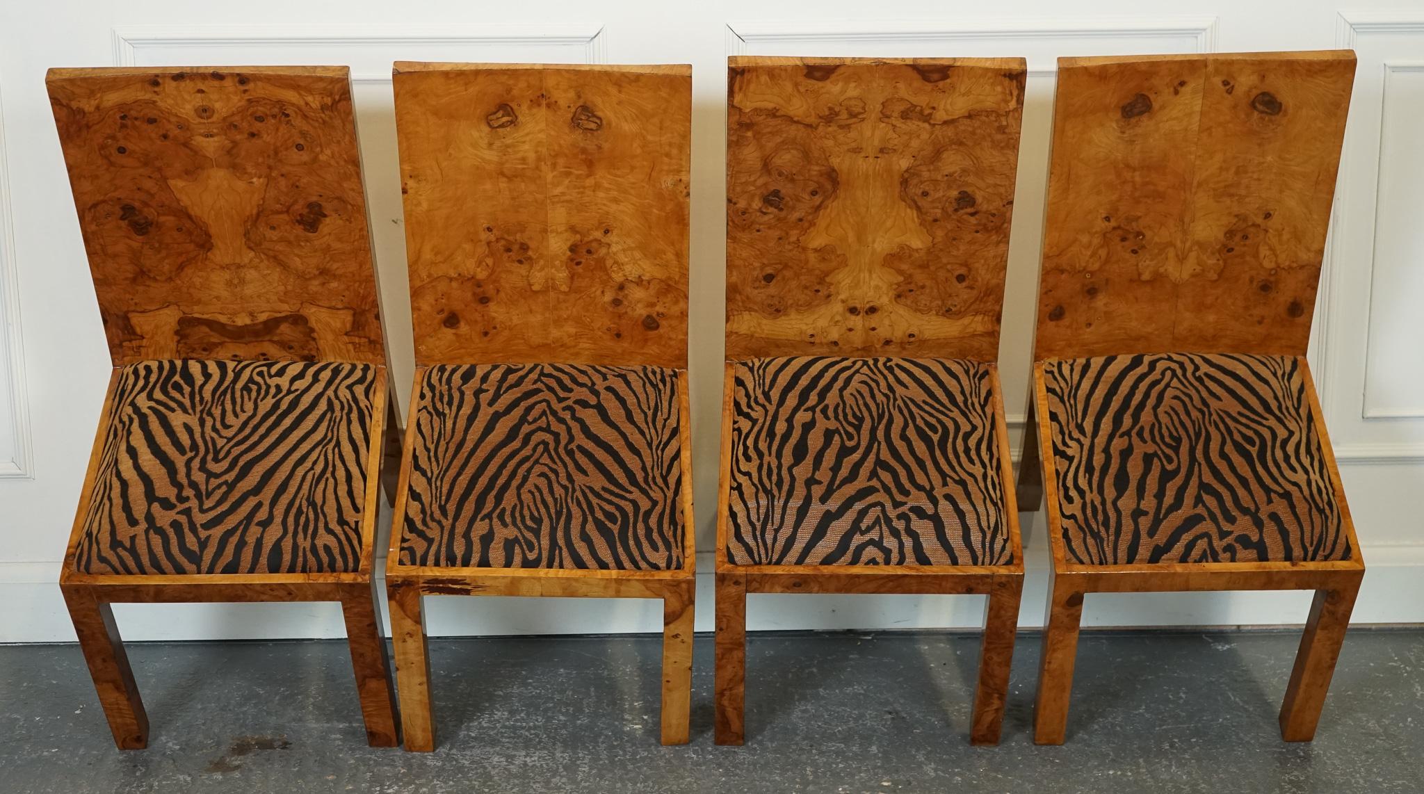 BURR WALNUT ART DECO ANIMAL PRINT SEATS SET OF 8 DINING CHAiRS J1 6