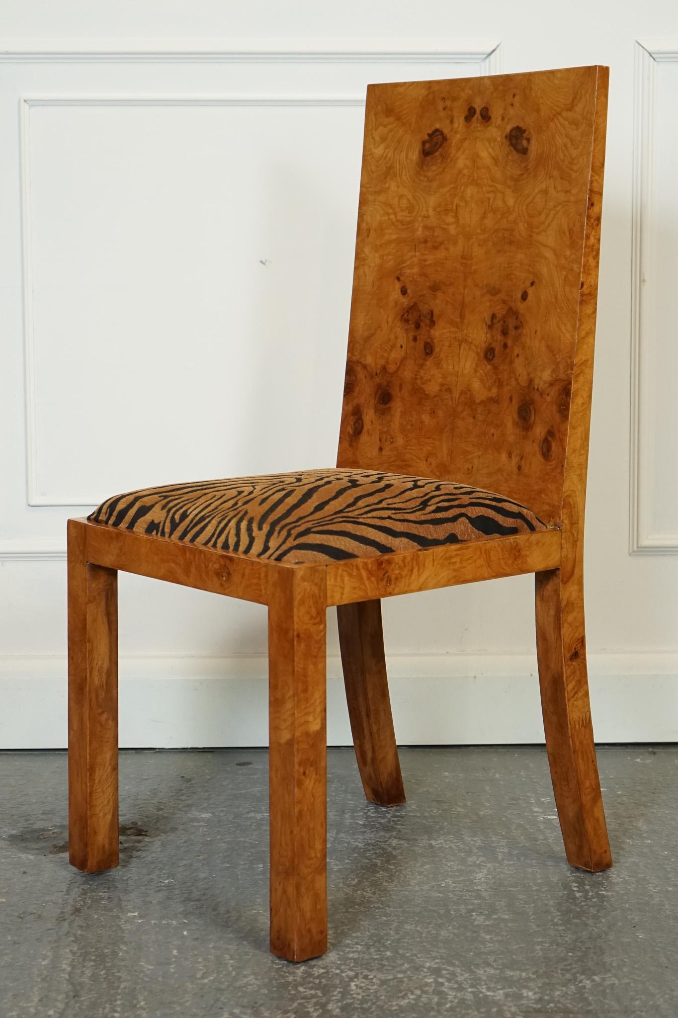 BURR WALNUT ART DECO ANIMAL PRINT SEATS SET OF 8 DINING CHAiRS J1 In Good Condition In Pulborough, GB