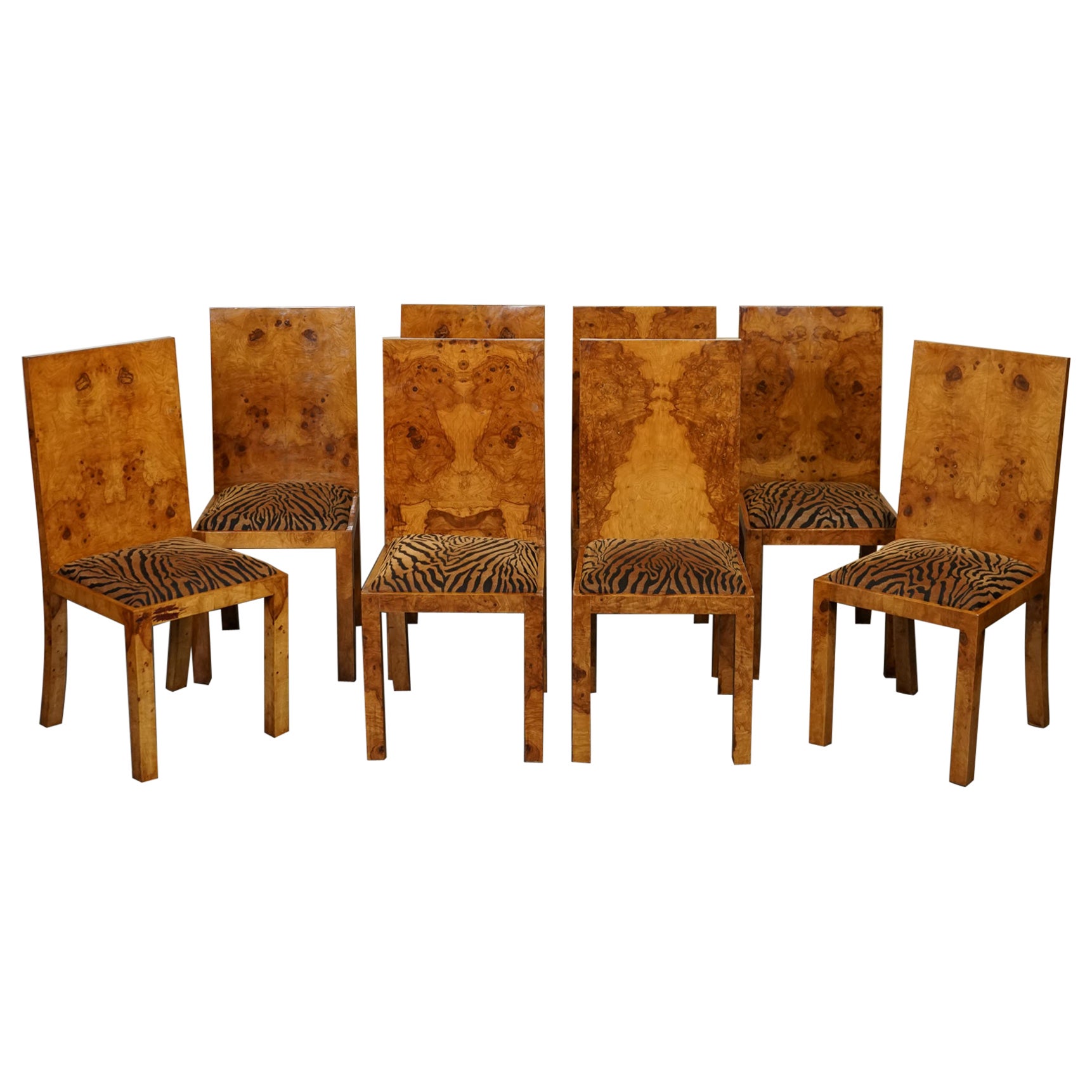 BURR WALNUT ART DECO ANIMAL PRINT SEATS SET OF 8 DINING CHAiRS J1