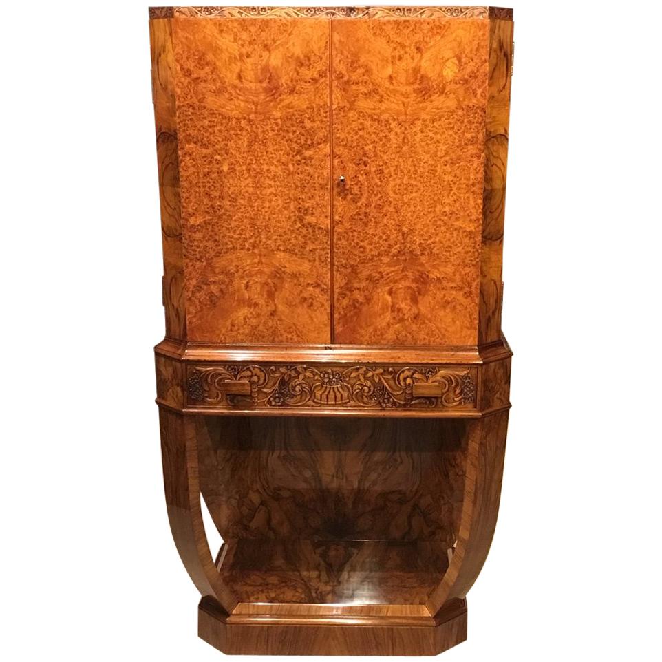 Burr Walnut Art Deco Period Antique Cocktail Cabinet