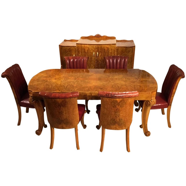 Burr Walnut Art Deco Period Antique Dining Suite at 1stDibs