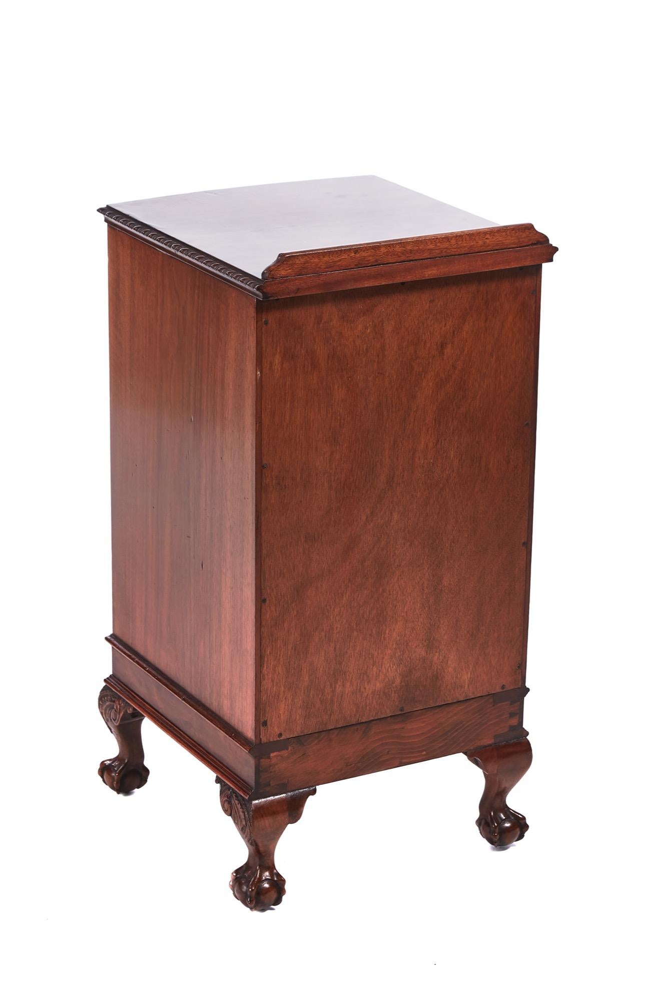 Antique burr walnut bow fronted bedside cabinet which has a lovely quality burr walnut top with a carved edge, 1 drawer with original brass handle, 1 long door with original brass handle and standing on 4 shaped carved cabriole legs with claw and