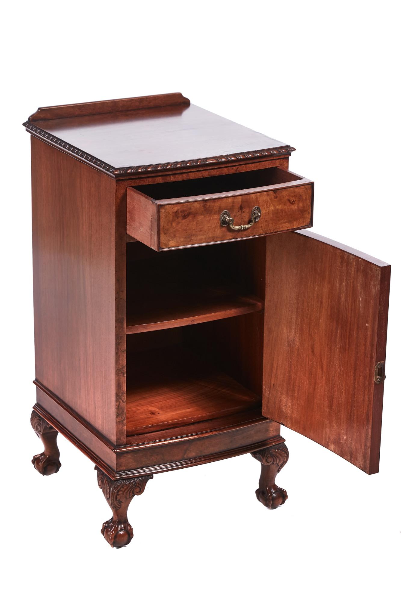 English Antique Burr Walnut Bow Fronted Bedside Cabinet
