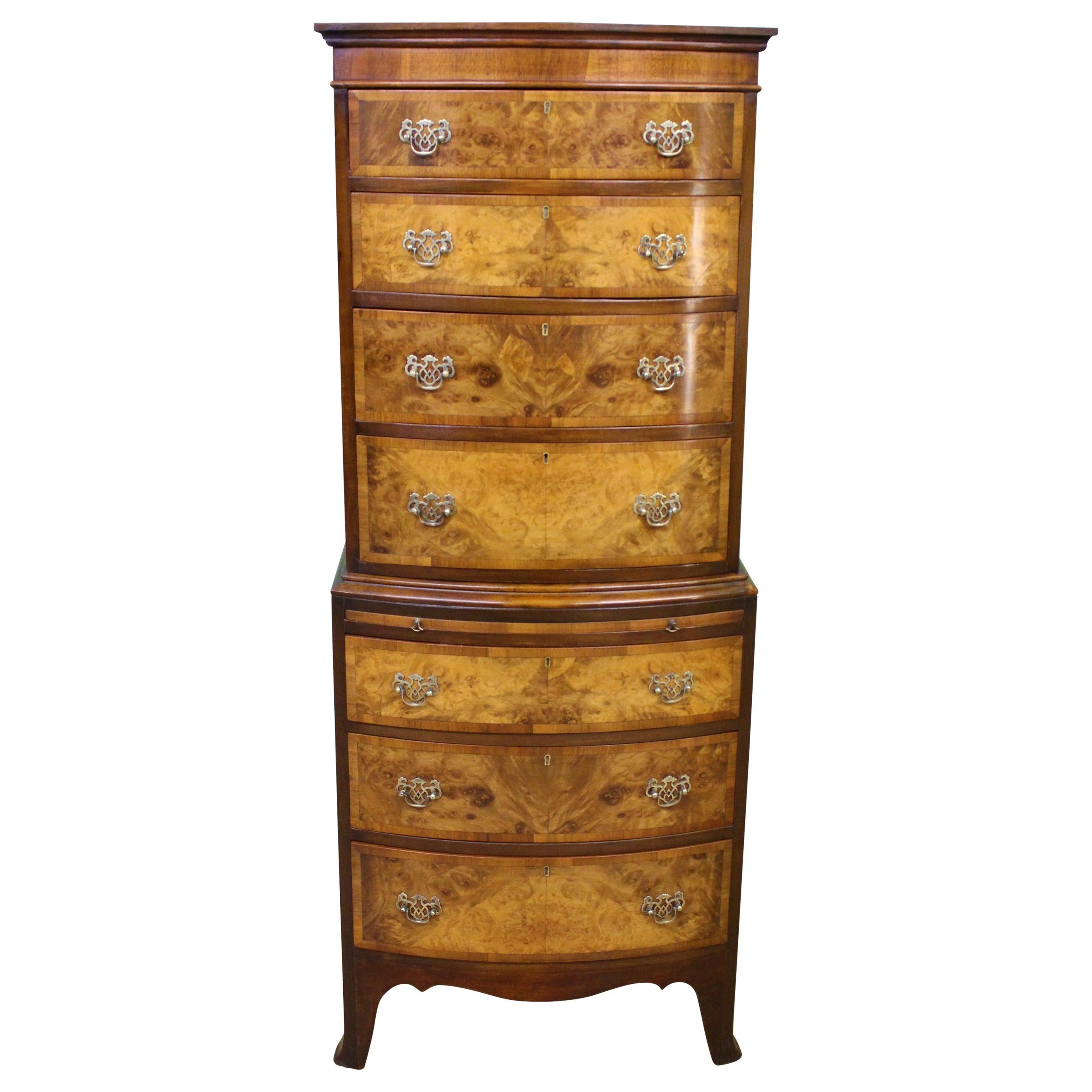 Burr Walnut Bow Fronted Chest on Chest