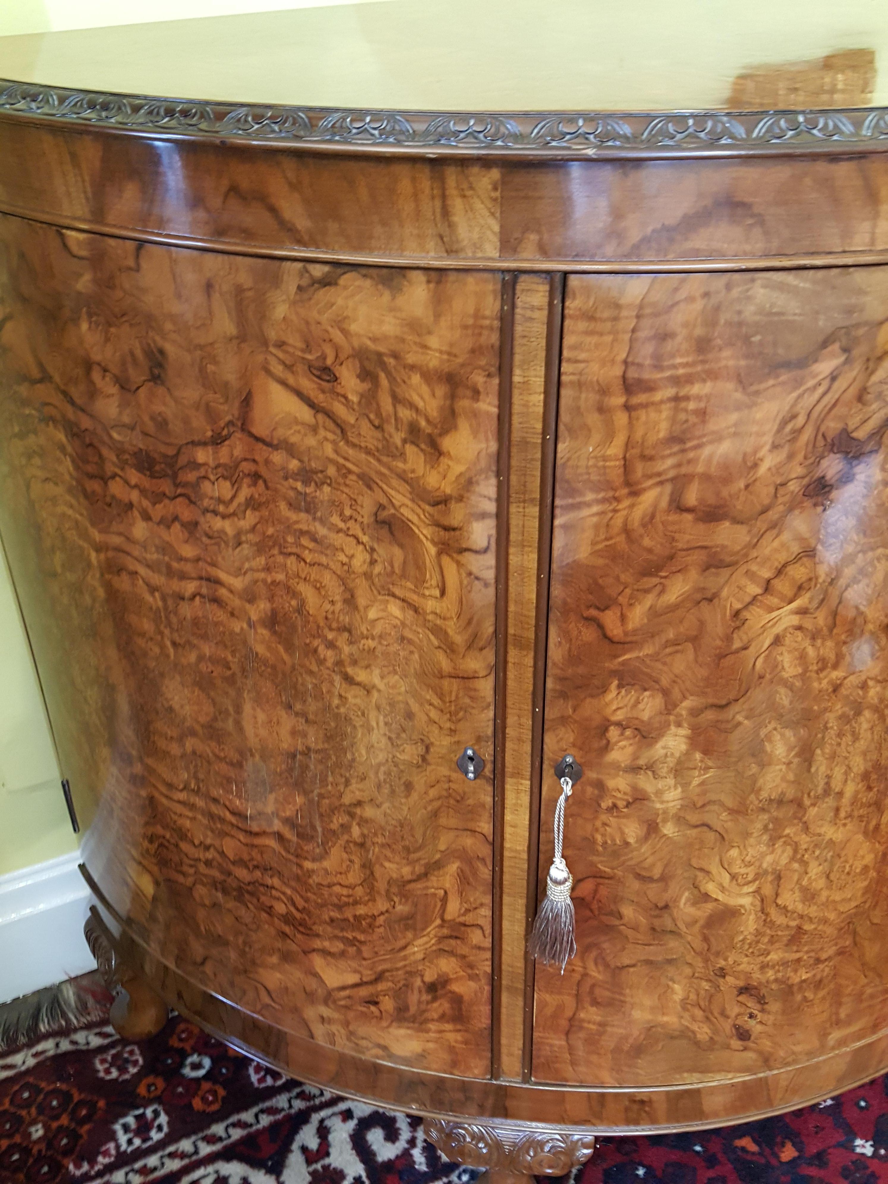 Burr Walnut Bow Fronted Cocktail Cabinet For Sale 1