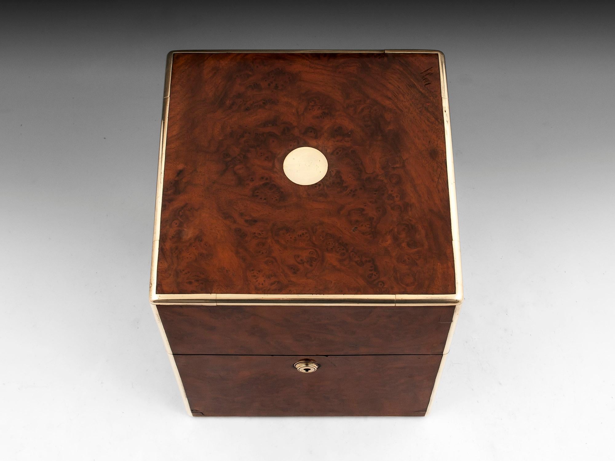 British Burr Walnut Brass Jewelry Box, 19th Century For Sale