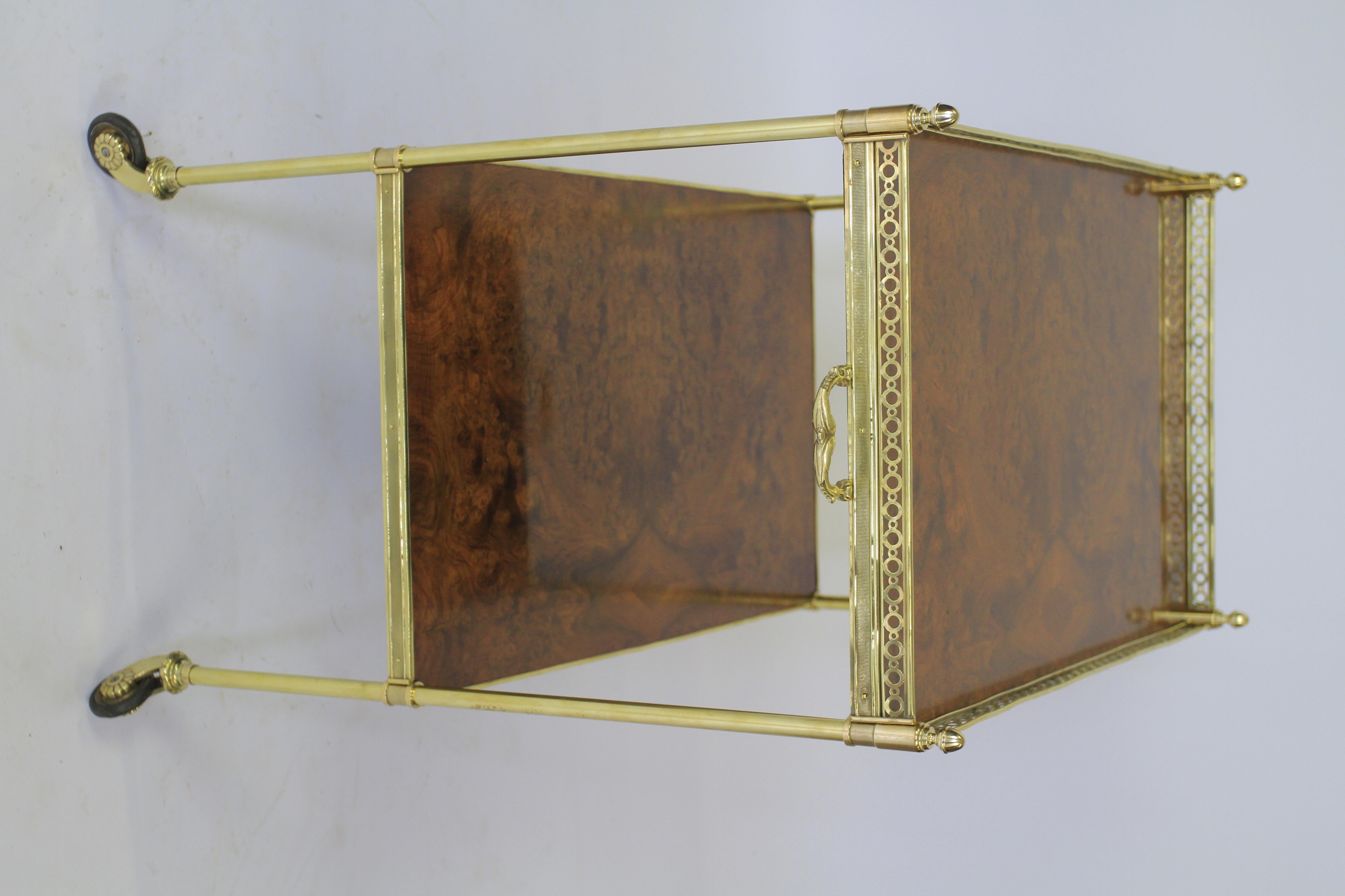Empire Revival Burr Walnut & Brass Serving Trolley circa 1920s For Sale