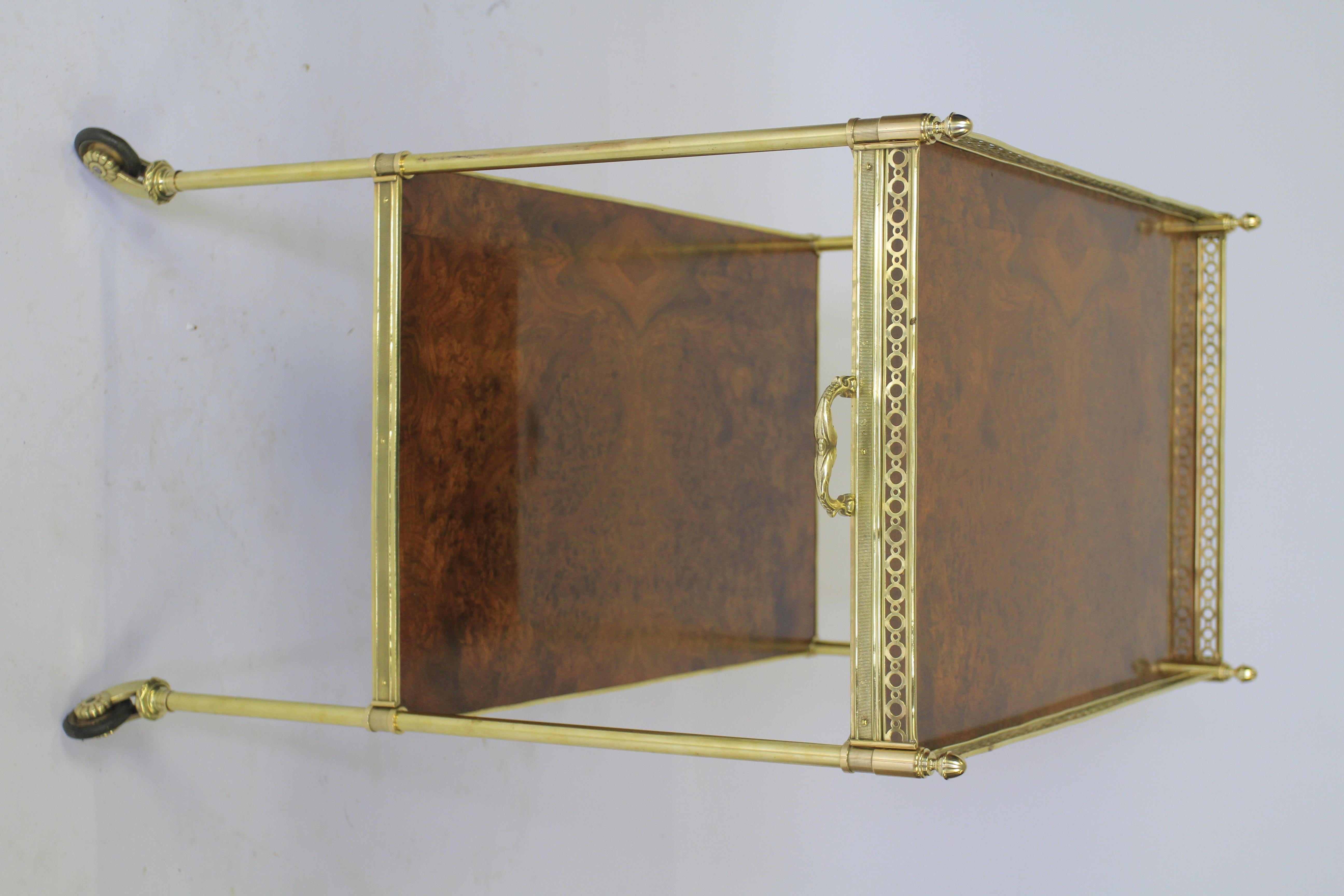 British Burr Walnut & Brass Serving Trolley circa 1920s For Sale