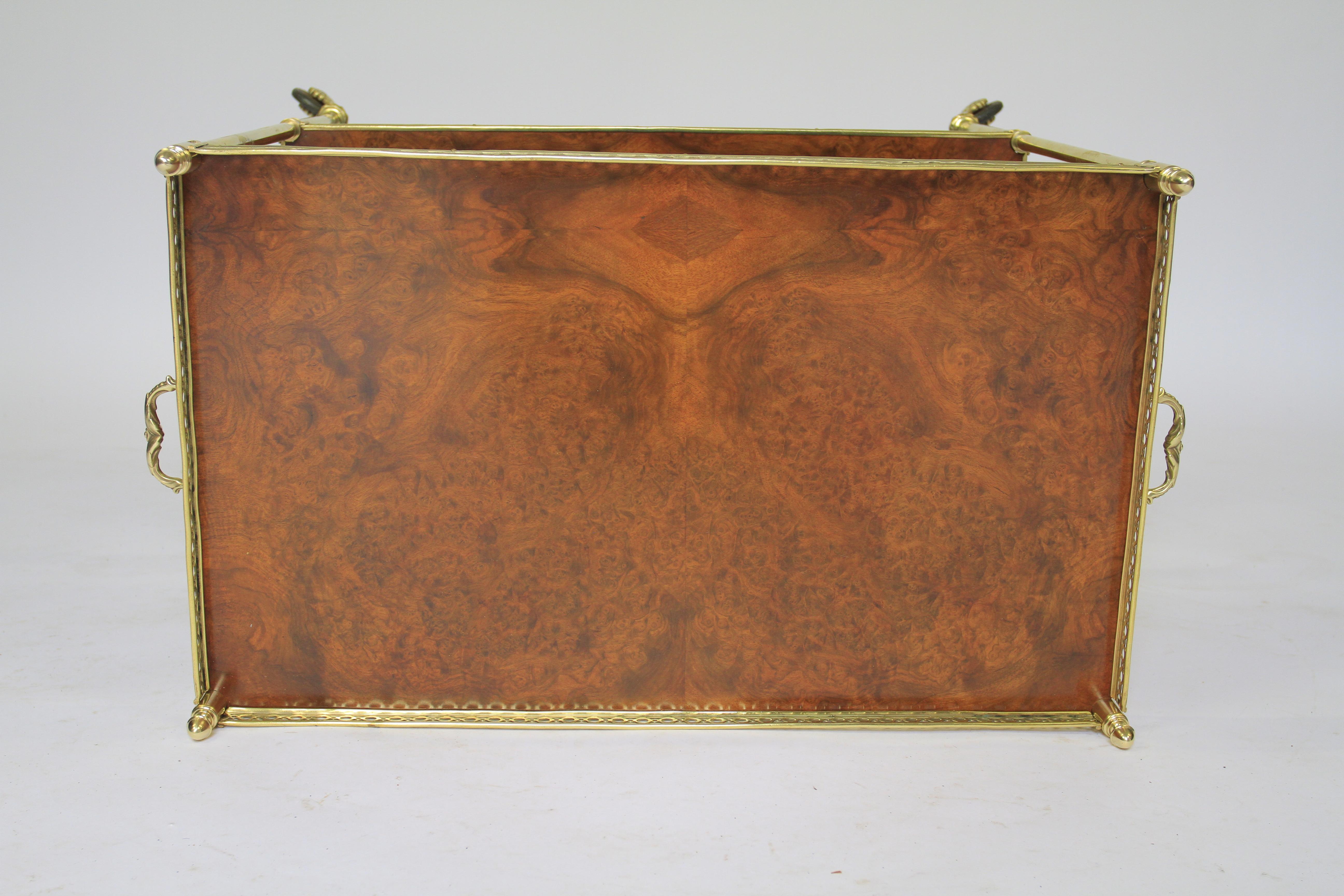 Polished Burr Walnut & Brass Serving Trolley circa 1920s For Sale