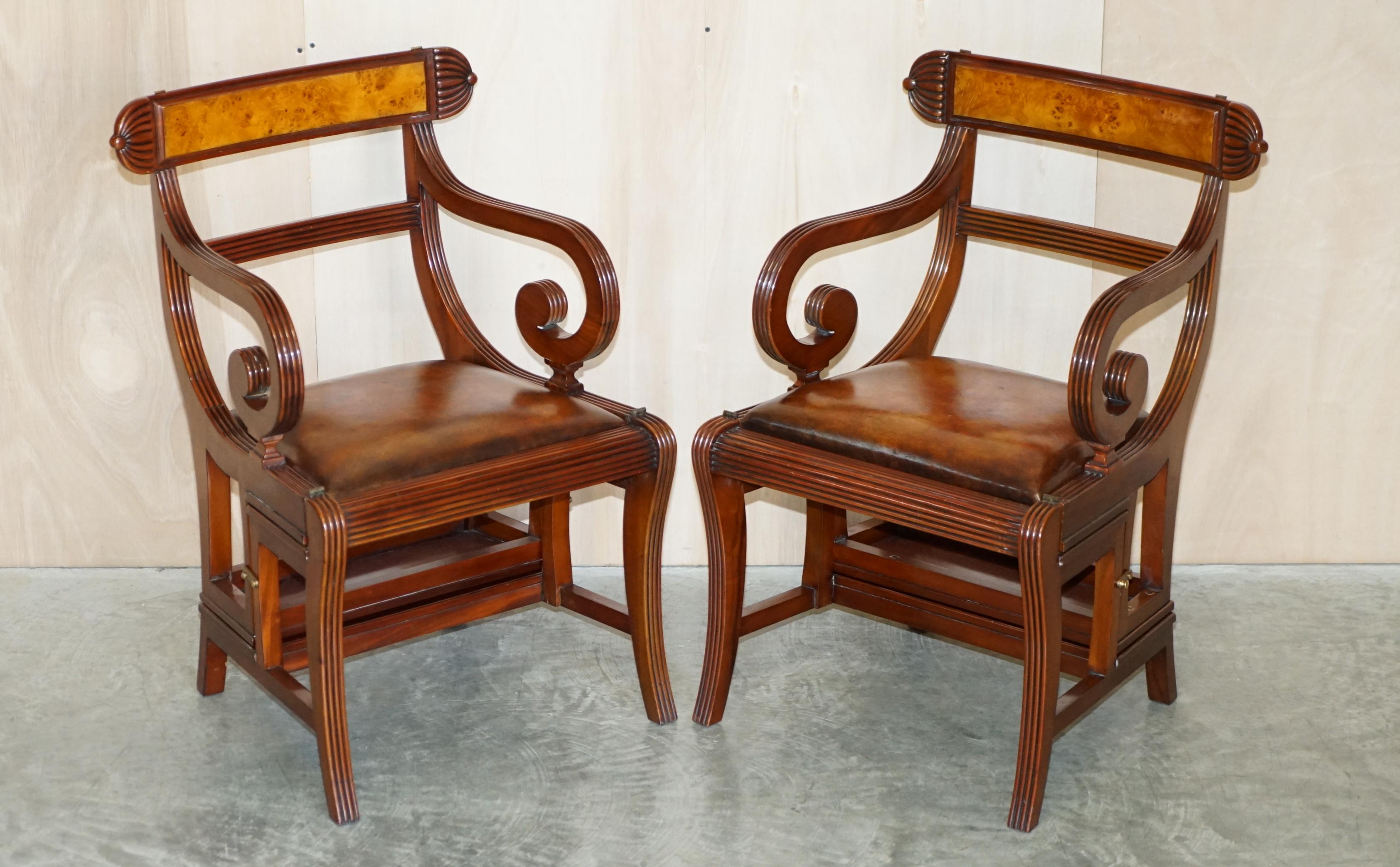 We are delighted to offer for sale this pair of large and collectable Regency style metamorphic armchair which converts into Library steps after the original 18th century design by Gillows of Lancaster with Burr Walnut panels 

A very good looking