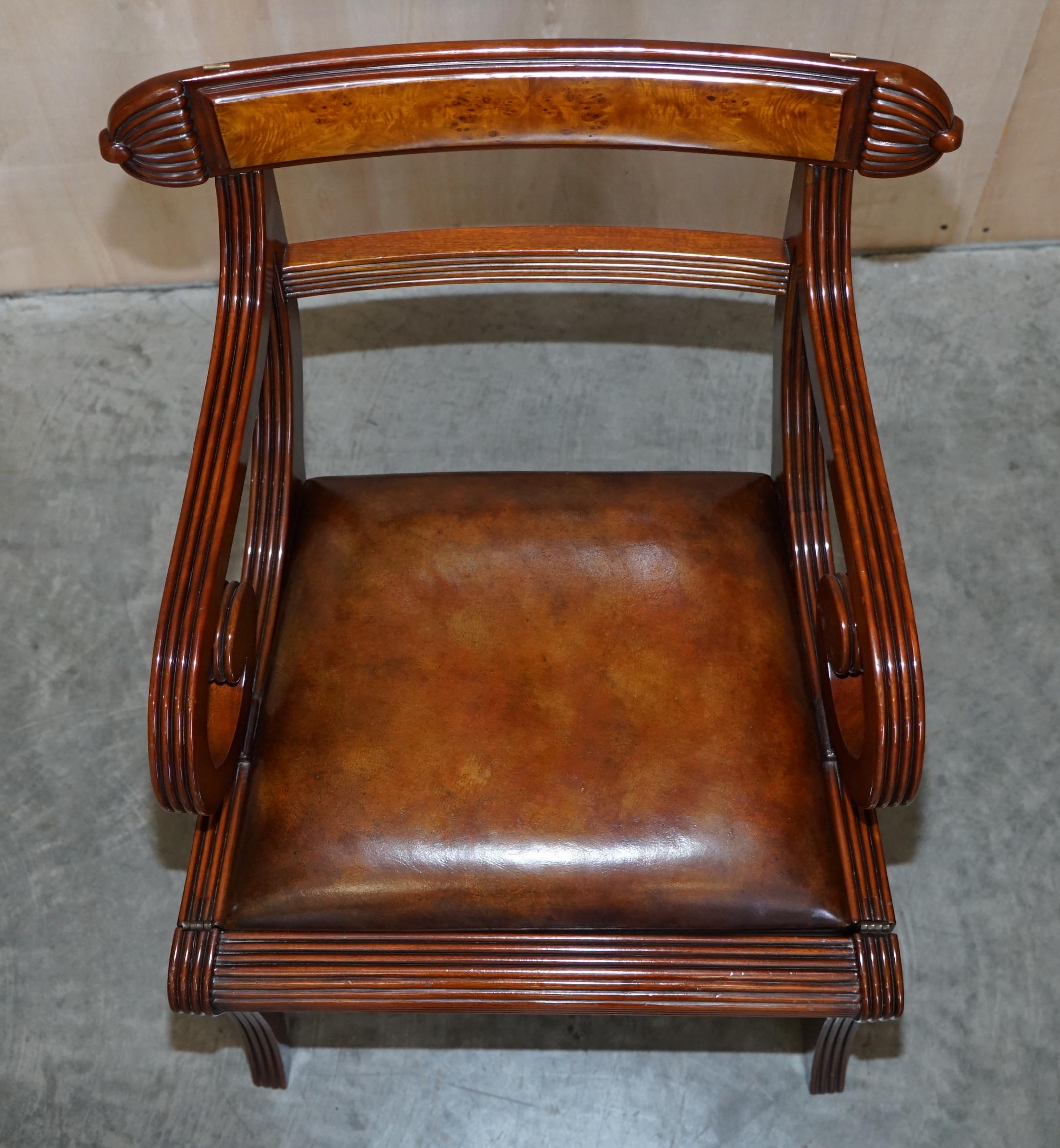 Hand-Crafted Burr Walnut Brown Leather Regency Metamorphic Reading Armchair to Library Steps For Sale