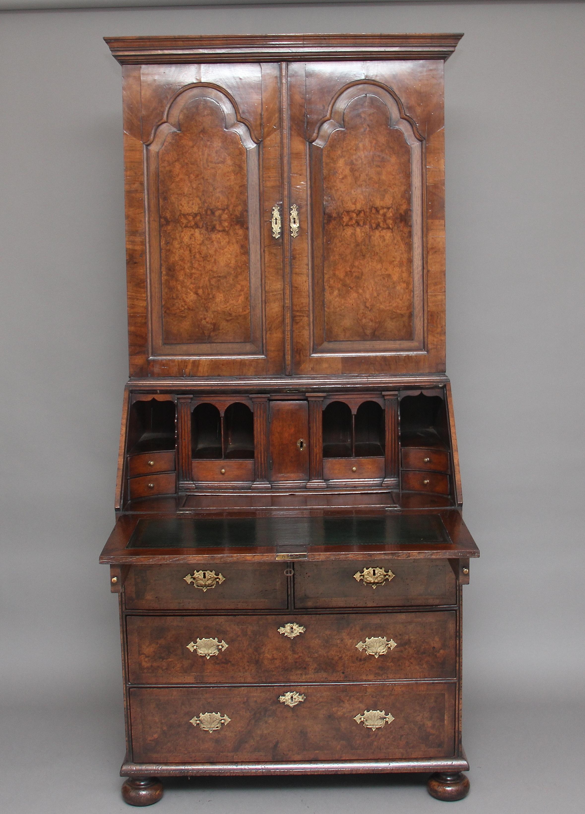 English Burr Walnut Bureau Bookcase