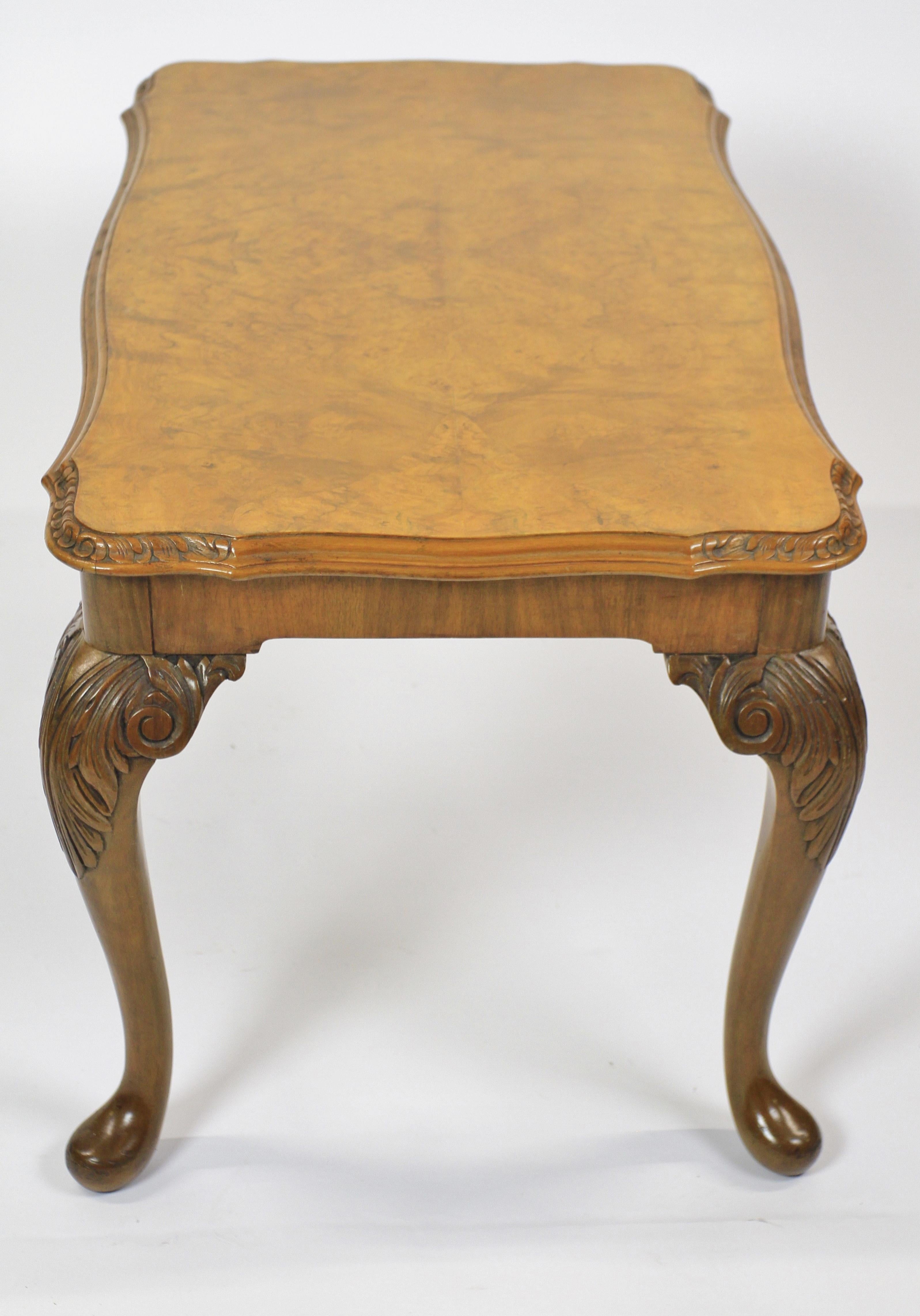 Queen Anne Burr Walnut & Carved Coffee Table circa 1930s For Sale
