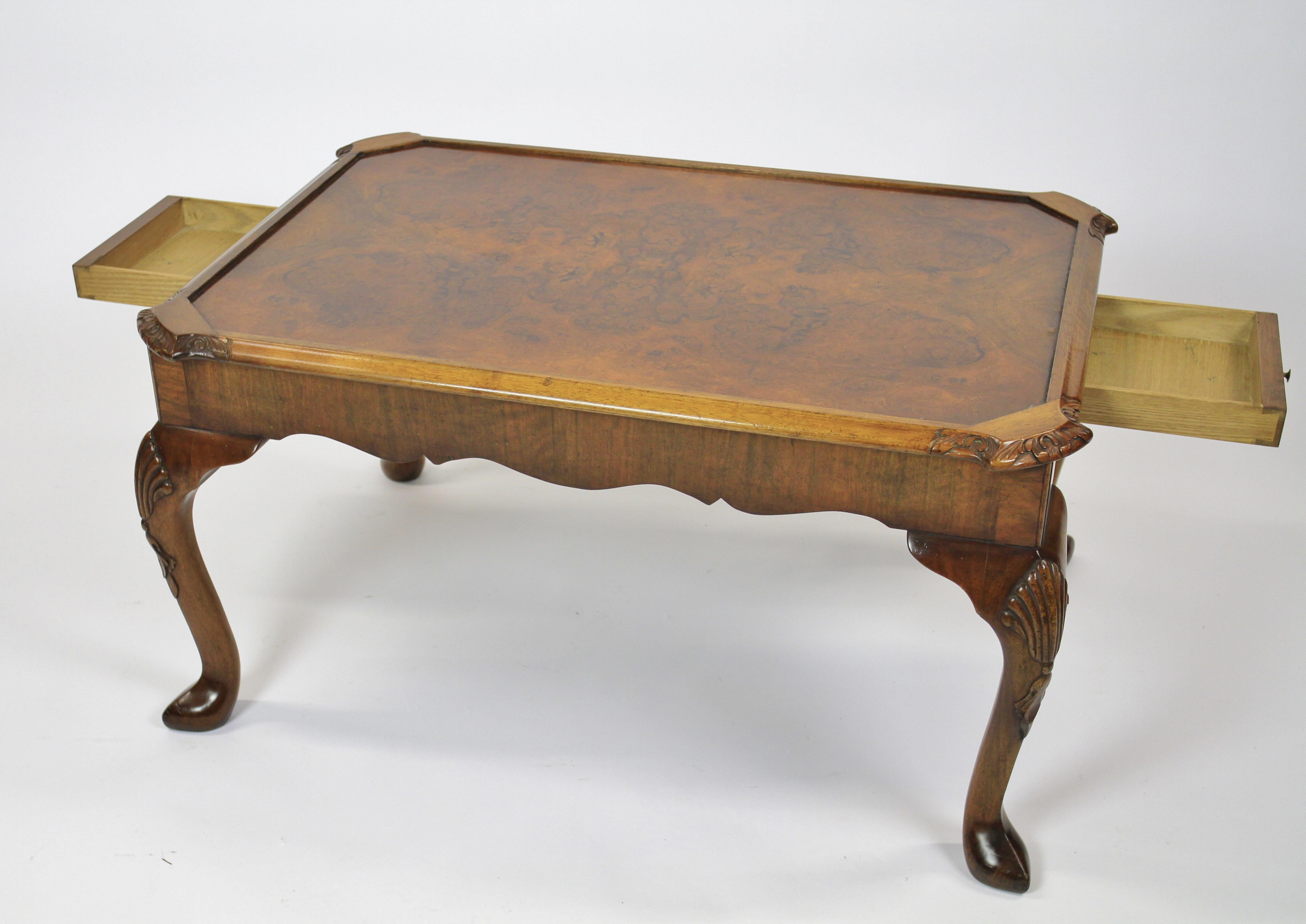 Queen Anne Burr Walnut & Carved Coffee table circa 1930s For Sale