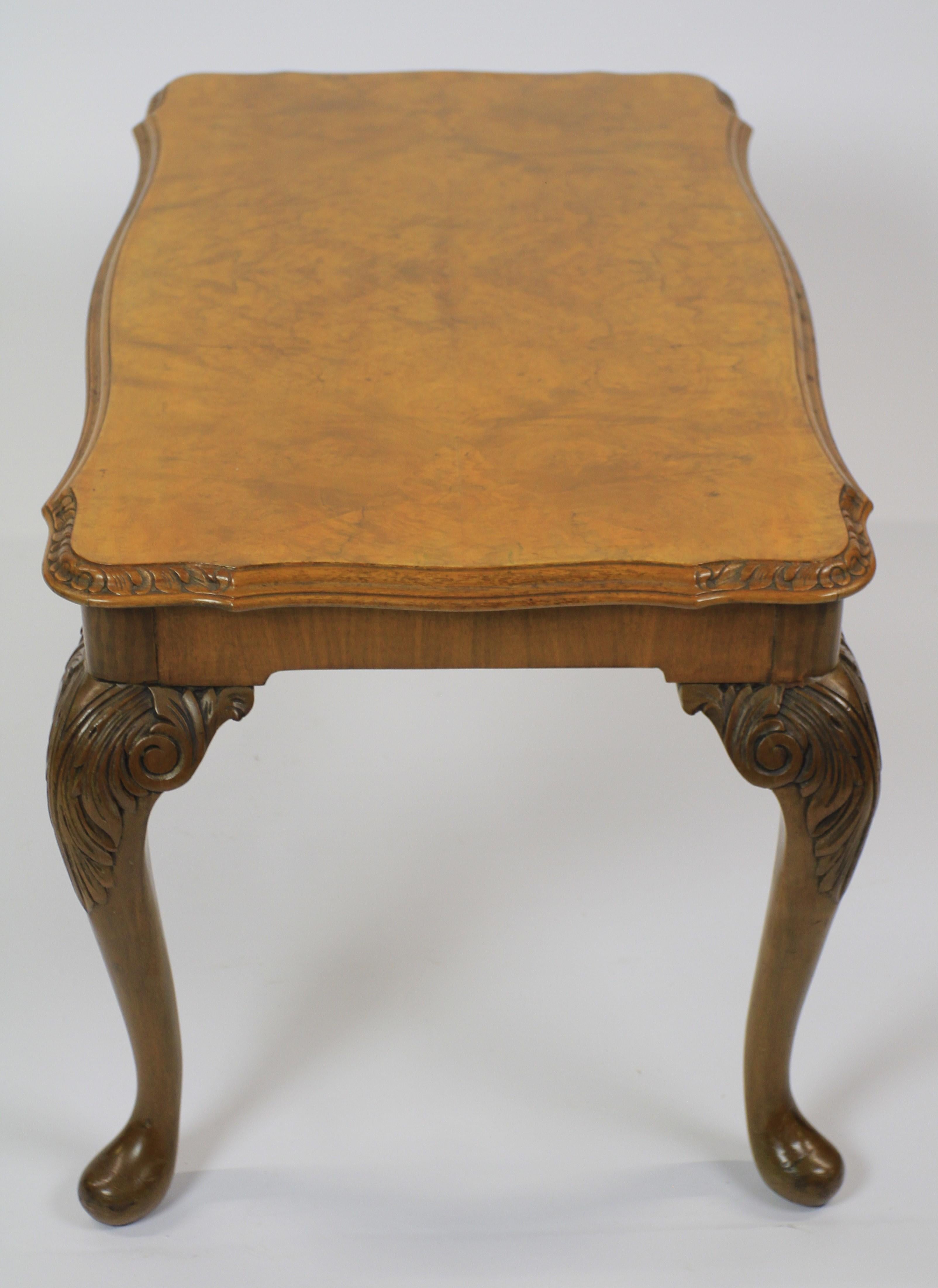 British Burr Walnut & Carved Coffee Table circa 1930s For Sale