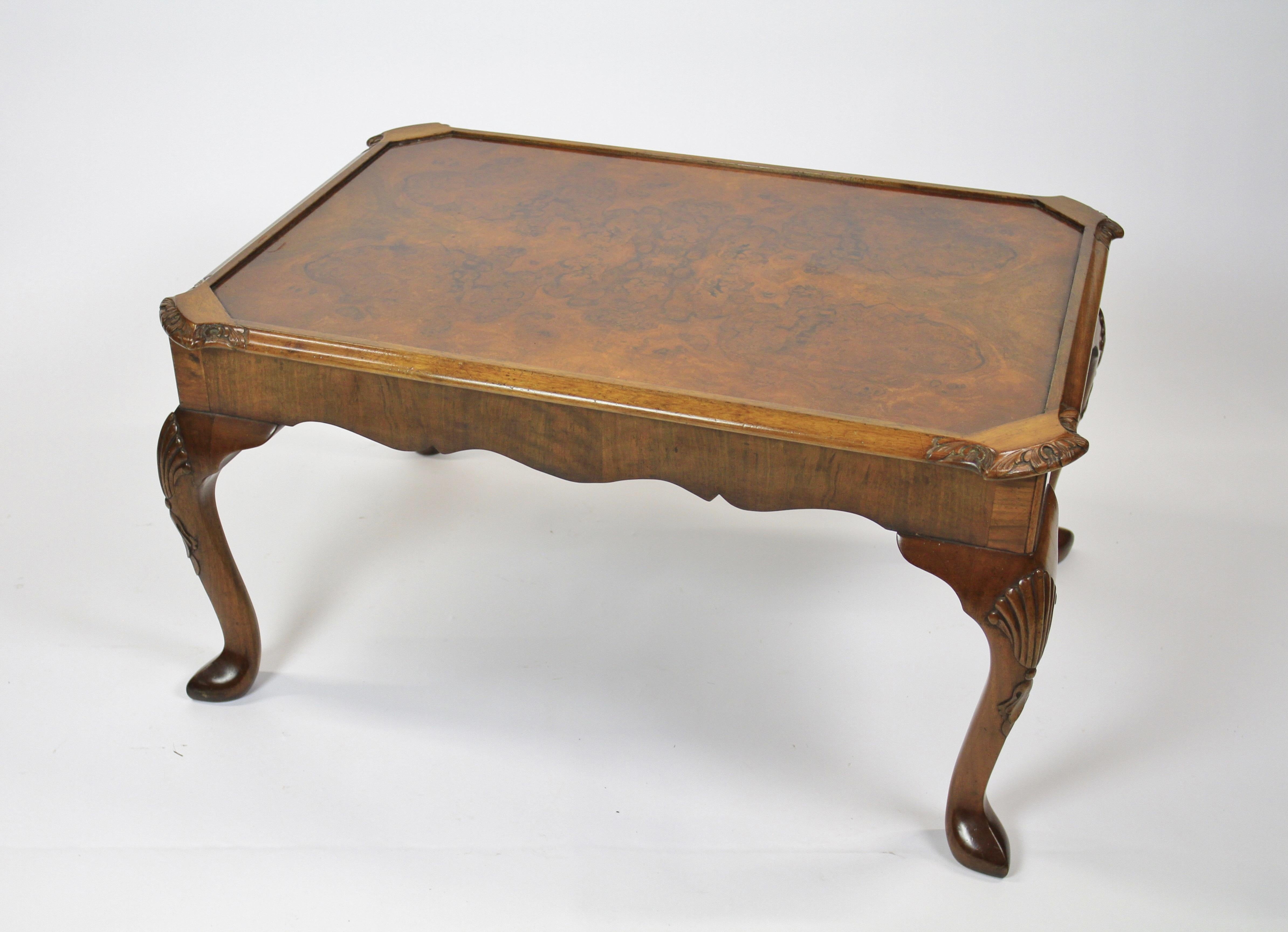 Polished Burr Walnut & Carved Coffee table circa 1930s For Sale