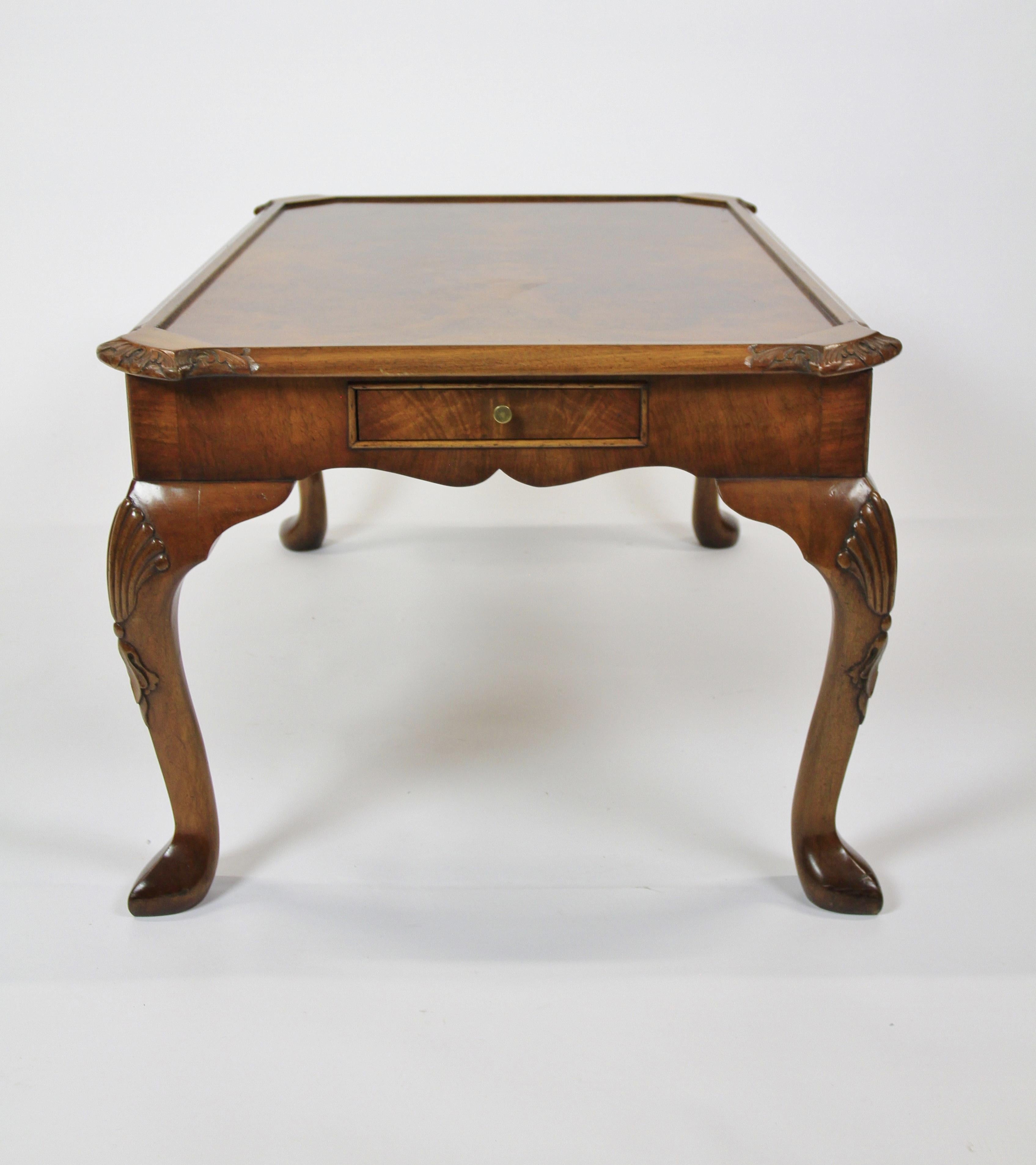 Burr Walnut & Carved Coffee table circa 1930s In Good Condition For Sale In Dereham, GB