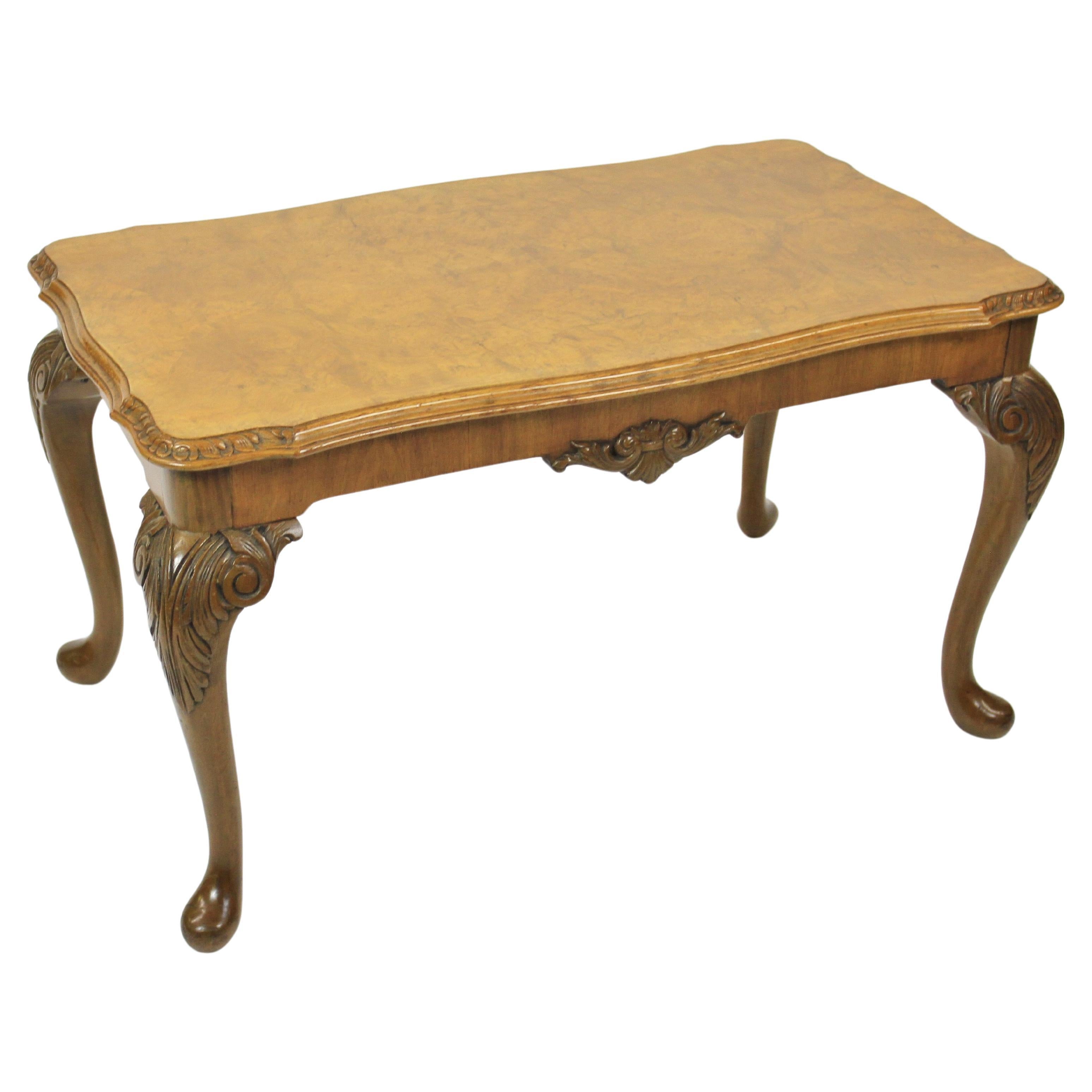 Burr Walnut & Carved Coffee Table circa 1930s For Sale