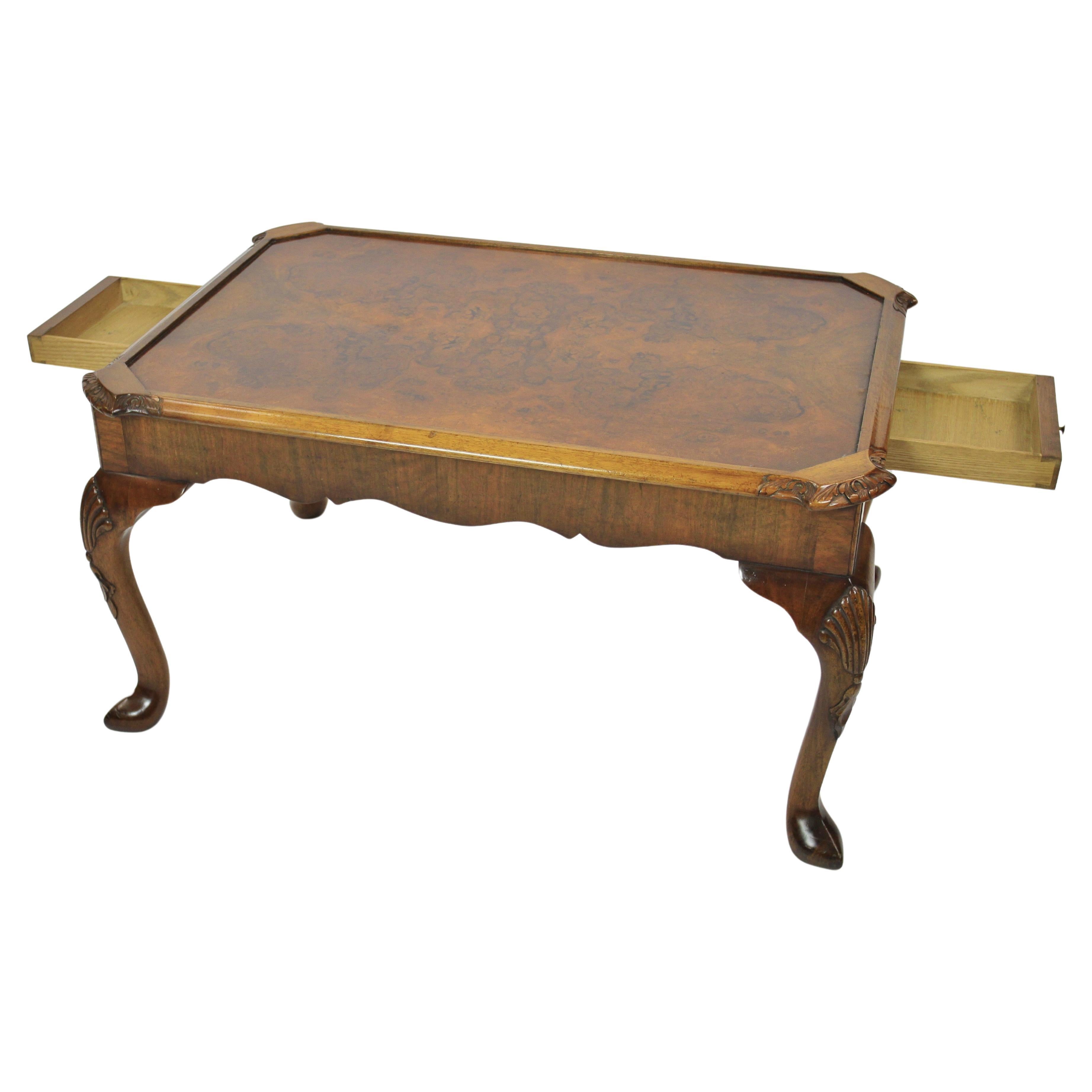 Burr Walnut & Carved Coffee table circa 1930s For Sale