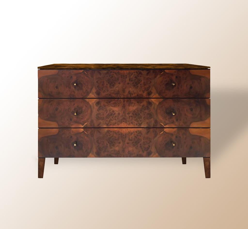Contemporary Burr Walnut Venner Chest Of Drawers On Legs With Wood Top For Sale