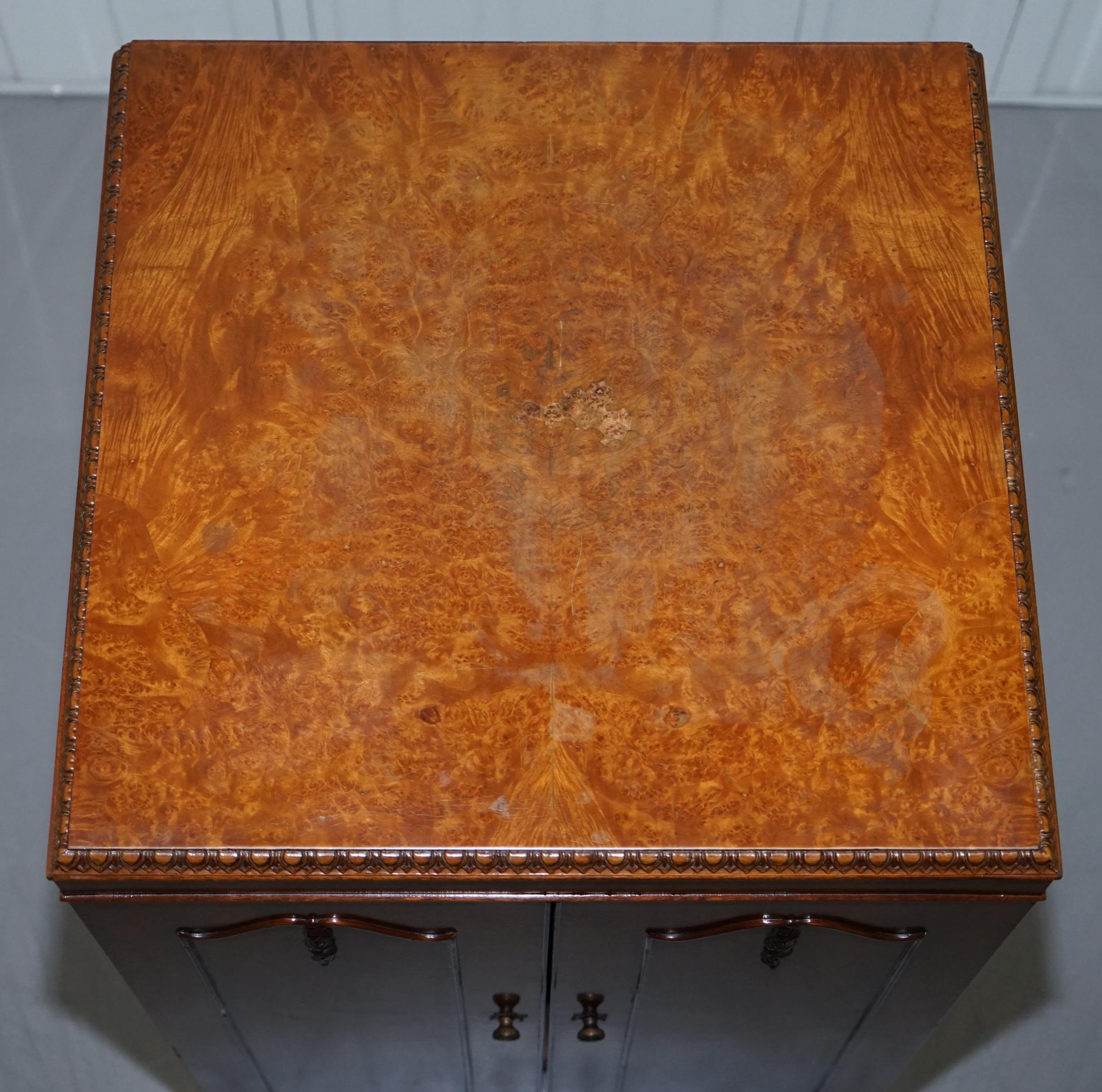 English Burr Walnut circa 1920 Art Deco Drinks Cabinet Mirrored Back Lovely Tallboy Size