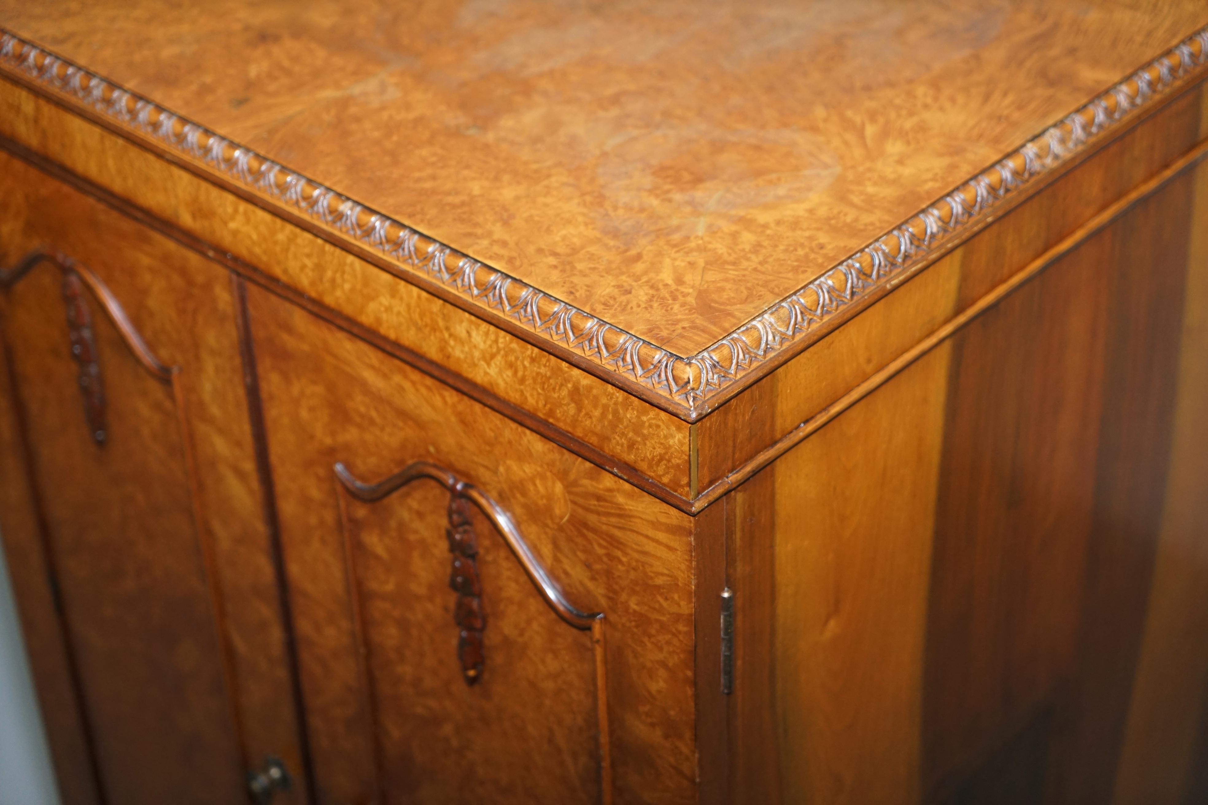 Early 20th Century Burr Walnut circa 1920 Art Deco Drinks Cabinet Mirrored Back Lovely Tallboy Size