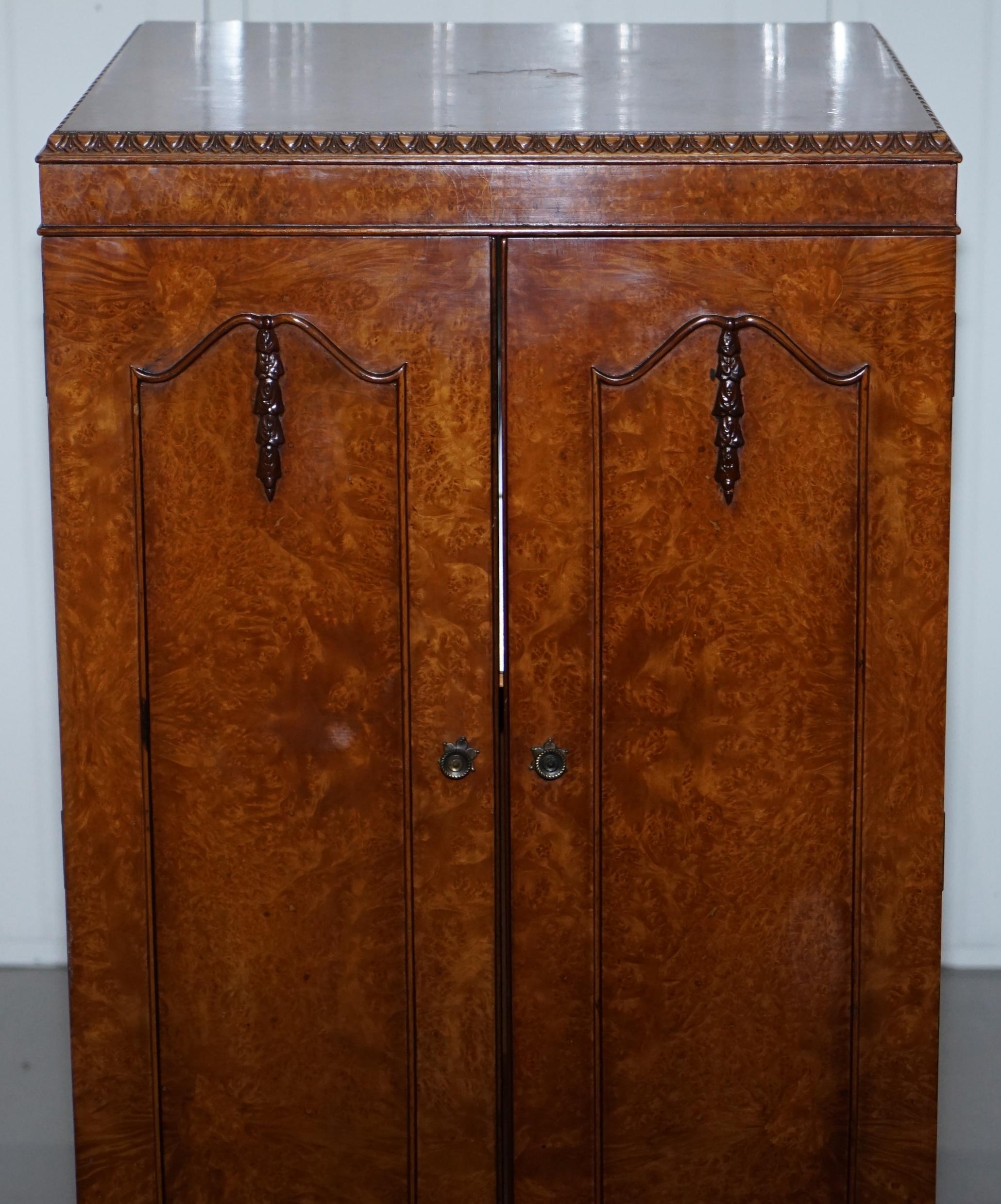 Burr Walnut circa 1920 Art Deco Drinks Cabinet Mirrored Back Lovely Tallboy Size 1