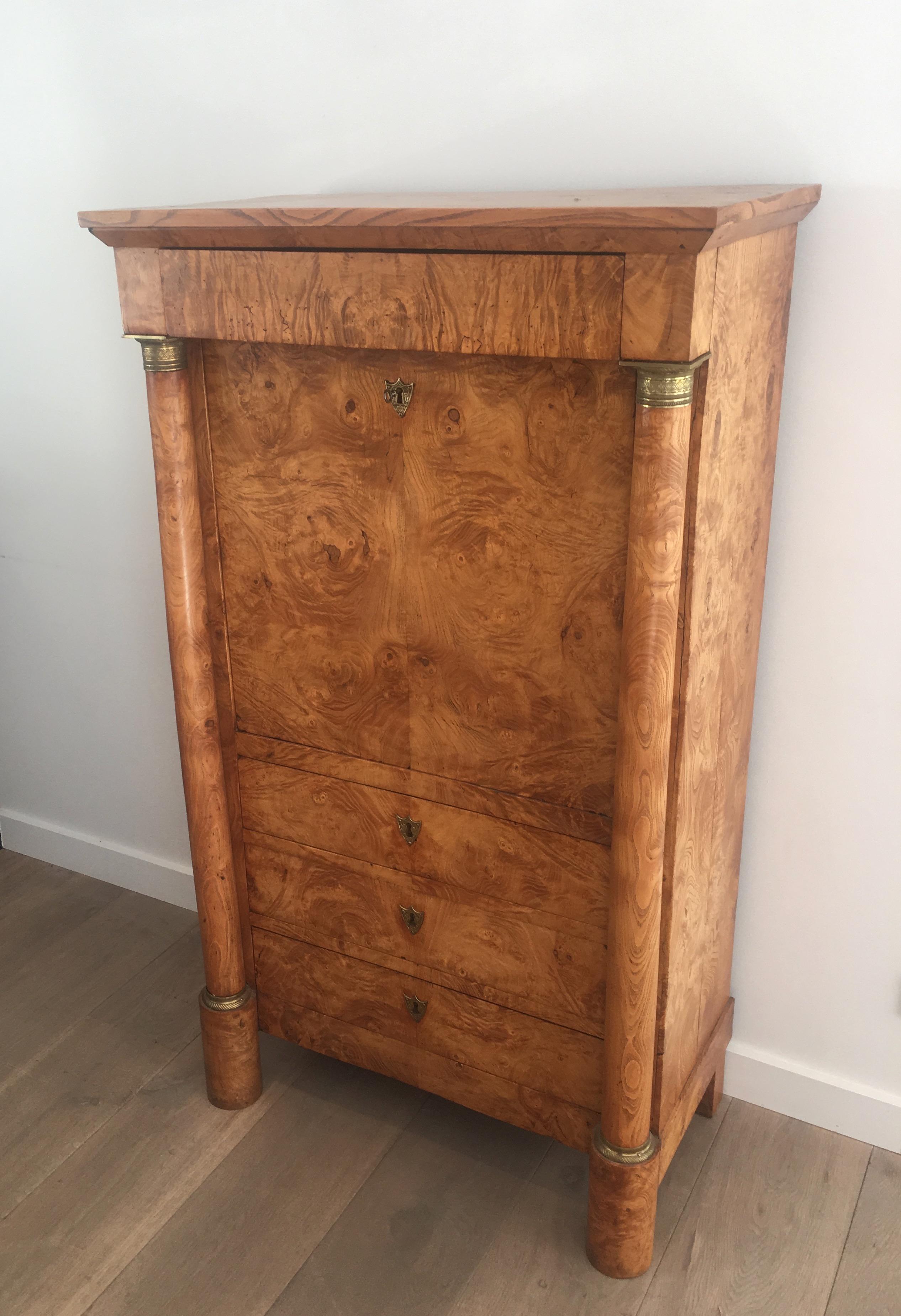 French Burr Walnut Clapper Empire Secretaire with Detached Columns and Secret Drawer For Sale