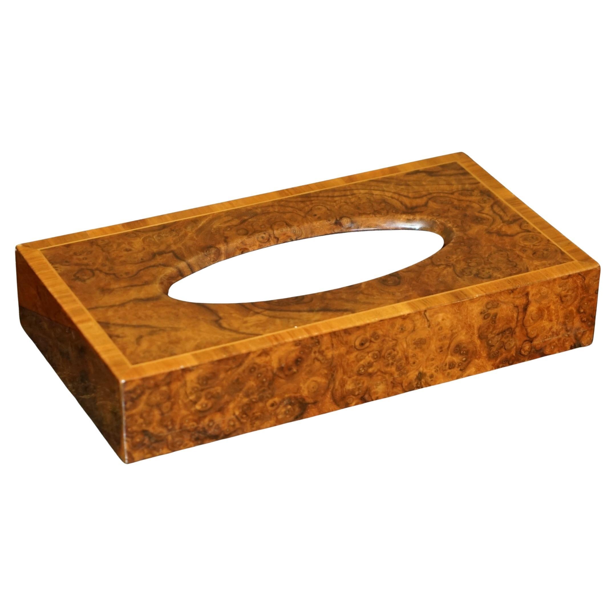 BURR WALNUT DAVID LiNLEY STYLE TISSUE BOX HOLDER WITH NICELY INLAY BORDER For Sale