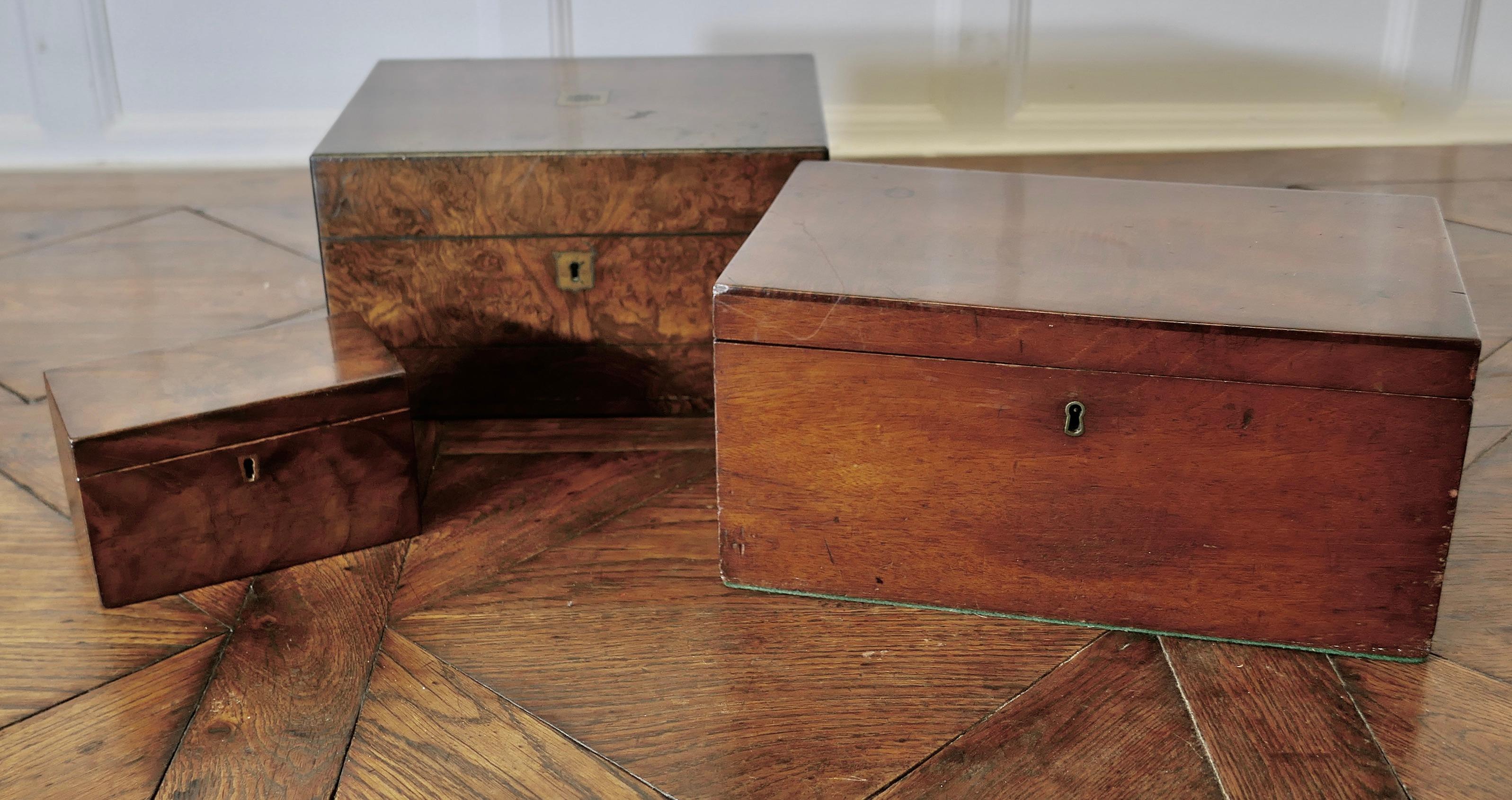 Caja joyero/estacionaria de nogal con otras 2 cajas de nogal

El Neceser de Dama de Nogal Burr presenta una magnífica pátina, tiene un cajón secreto forrado de seda azul y dispone de un largo compartimento para anillos y otros de distintos tamaños