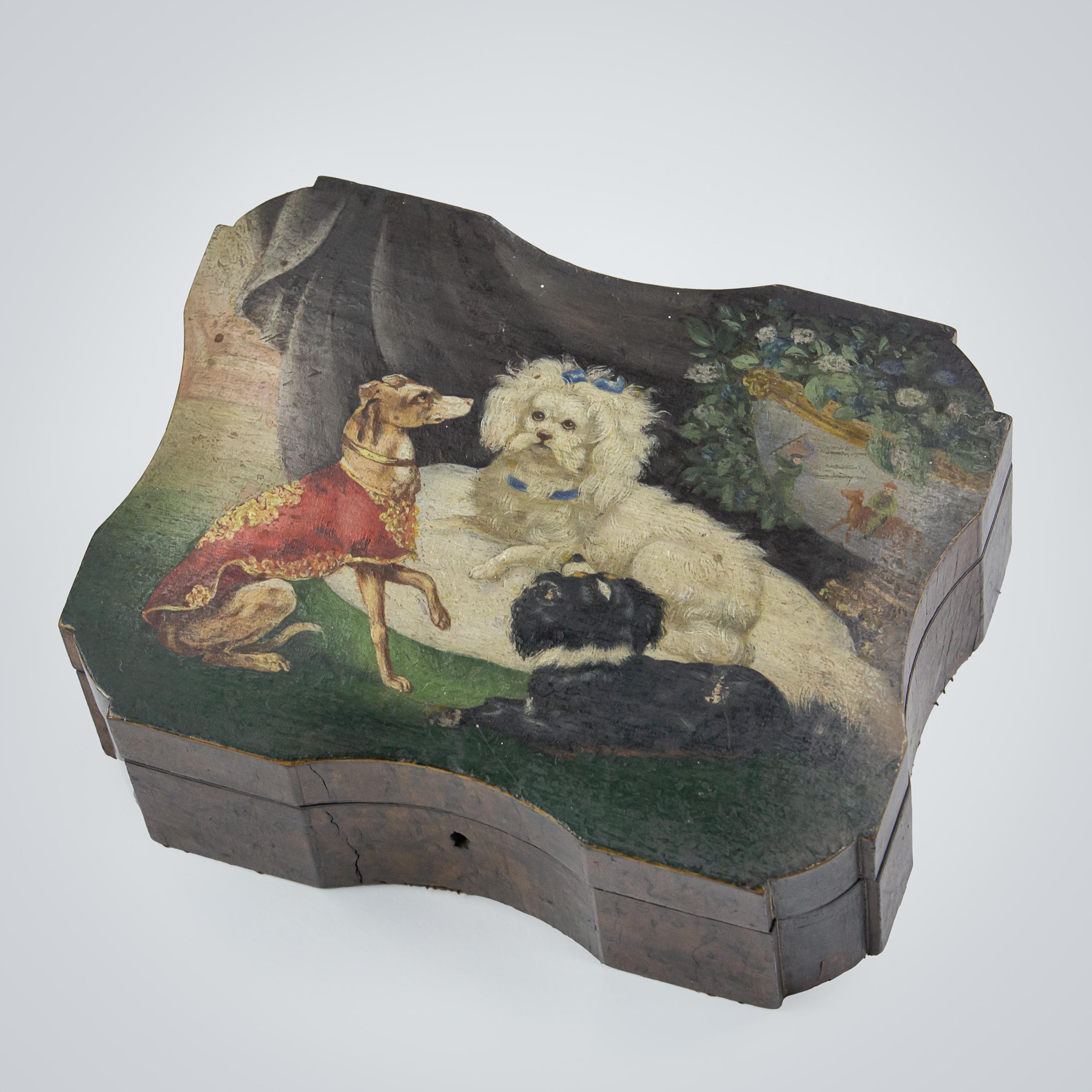 Burr Walnut Keepsake Box With Painted Dog Portraits For Sale 1