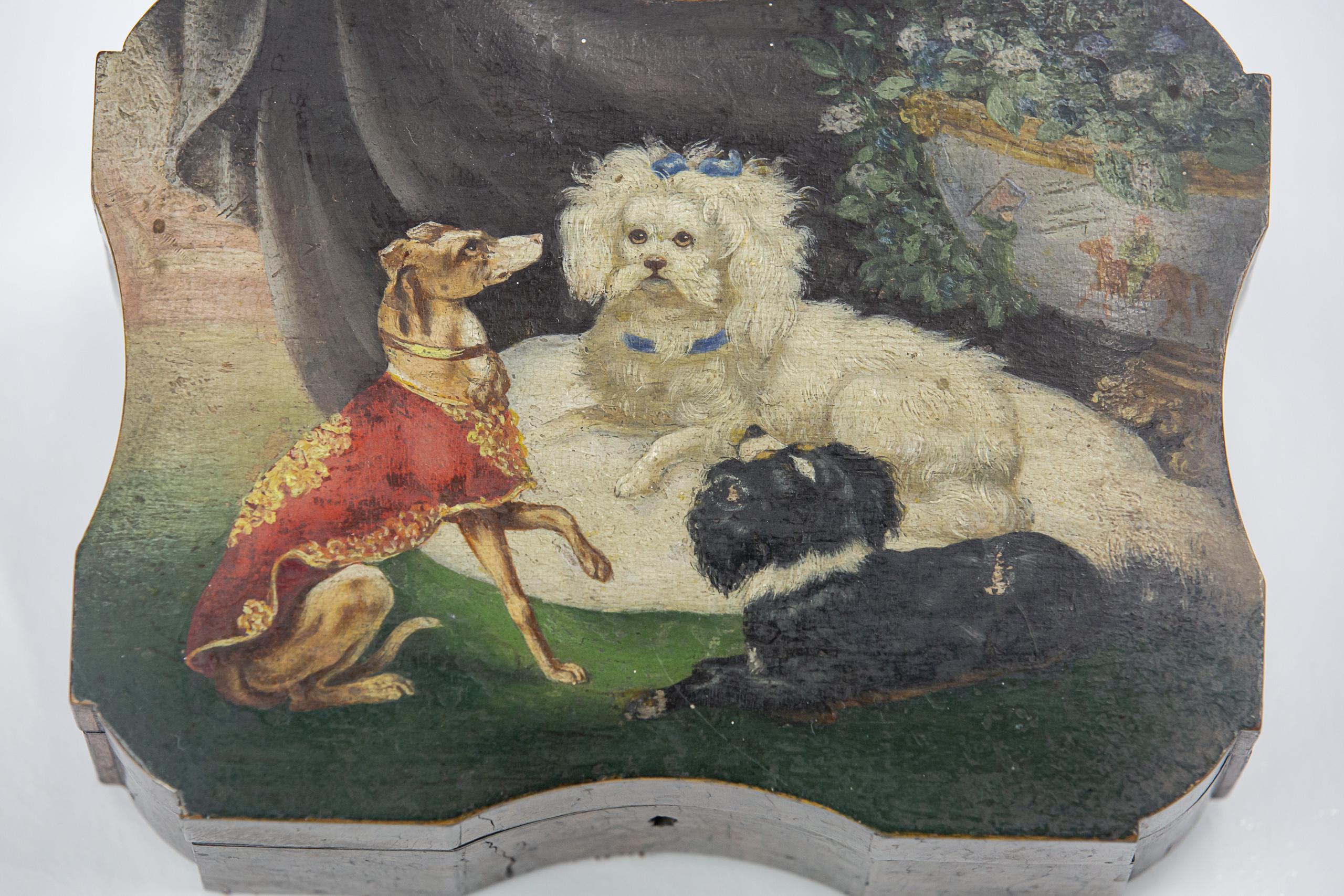 Boîte à souvenirs en ronce de noyer avec portraits de chiens peints en vente 1