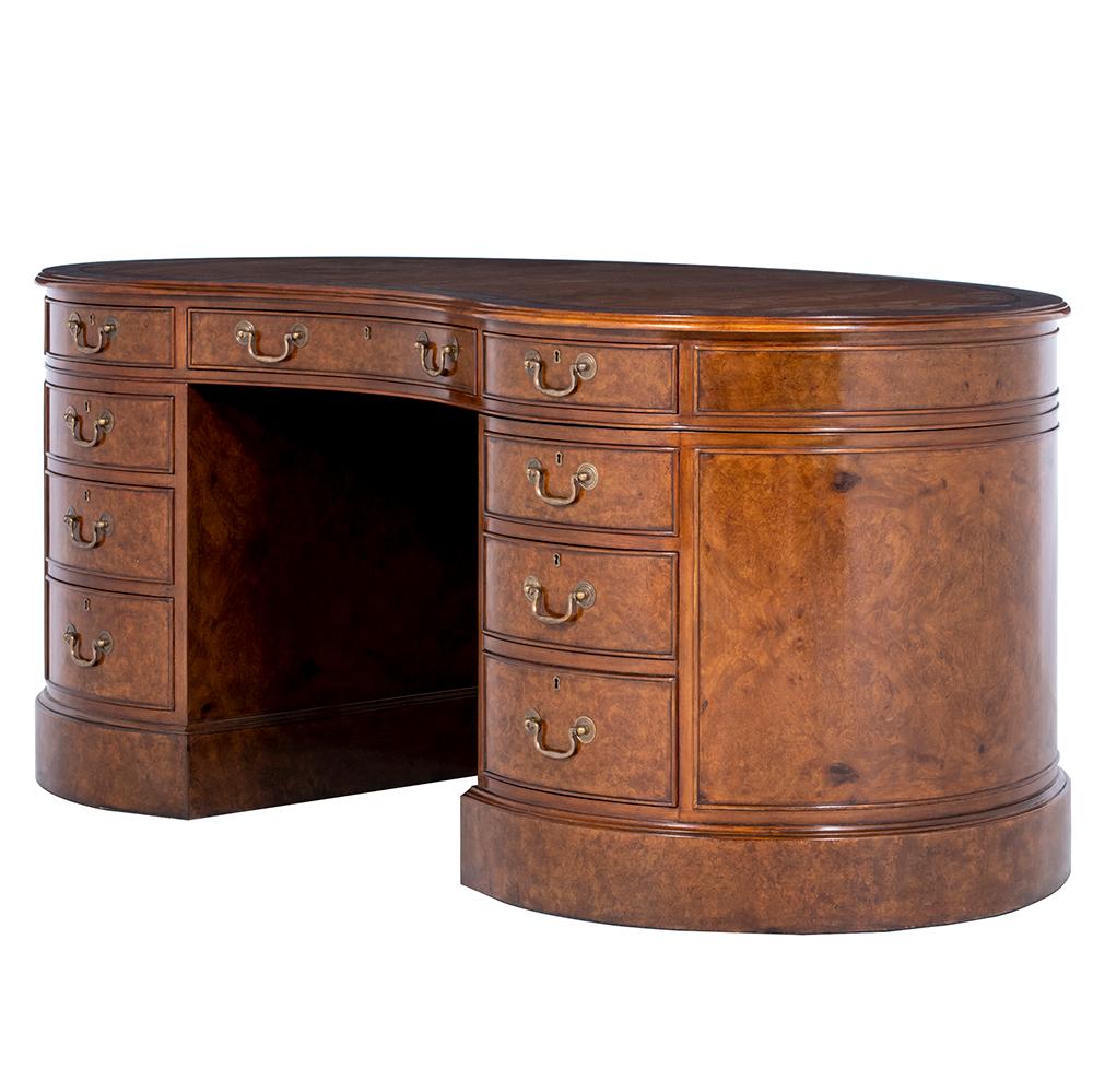 Leather Burr Walnut Kidney Pedestal Desk For Sale