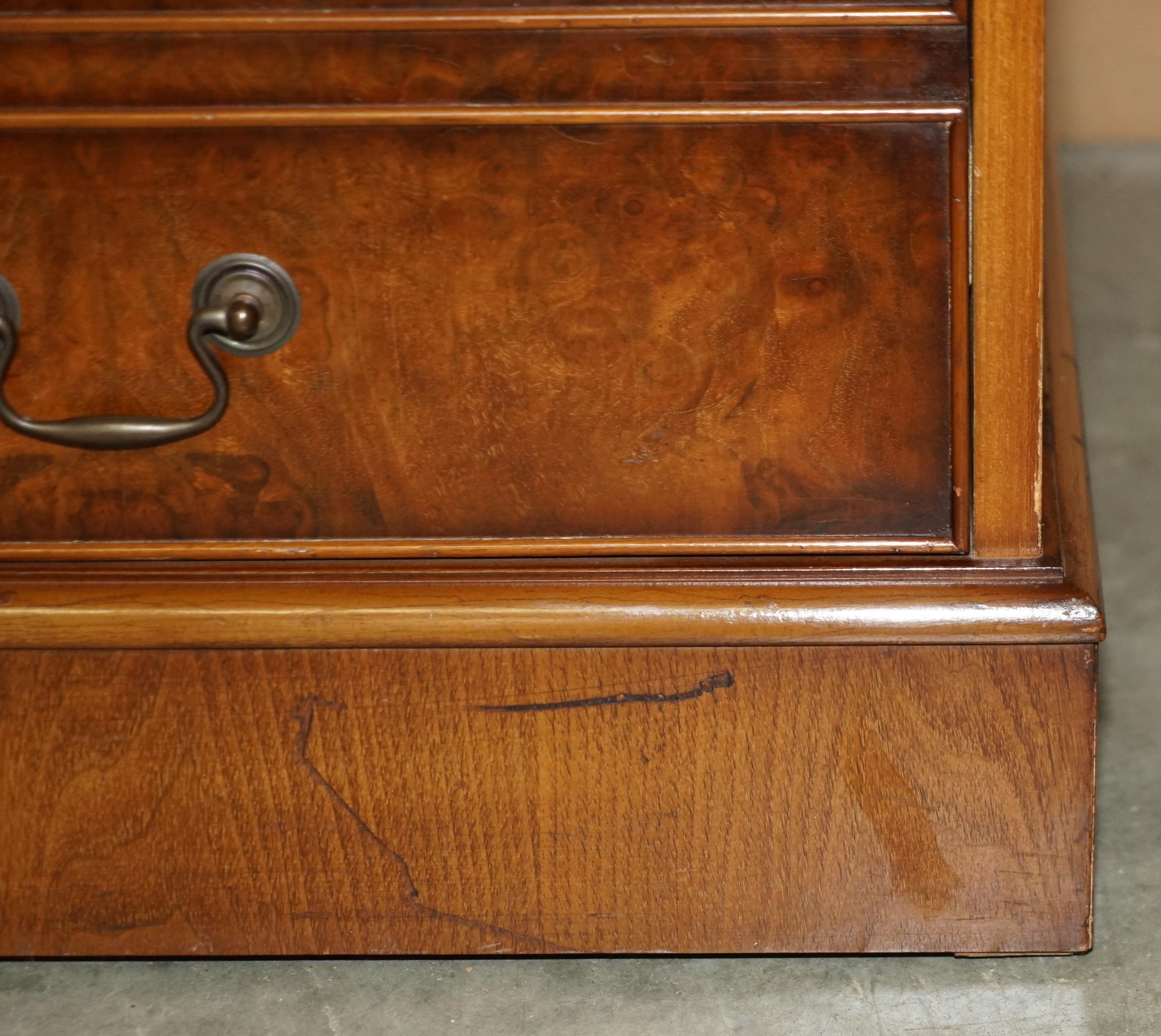 Burr Walnut Oxblood Leather Triple Filing Cabinet Chest of Drawers Sideboard For Sale 4