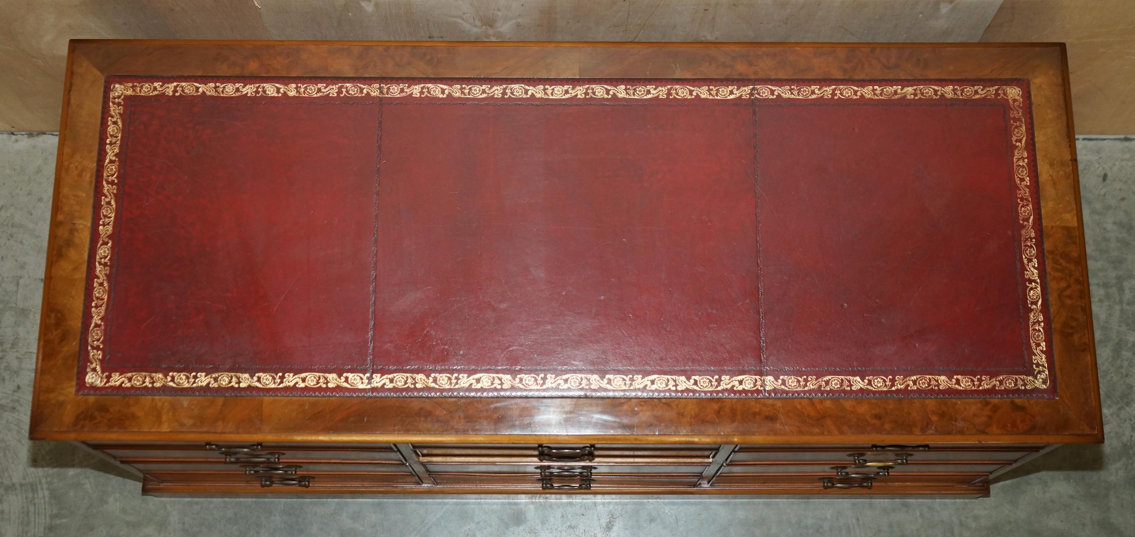 Burr Walnut Oxblood Leather Triple Filing Cabinet Chest of Drawers Sideboard 4