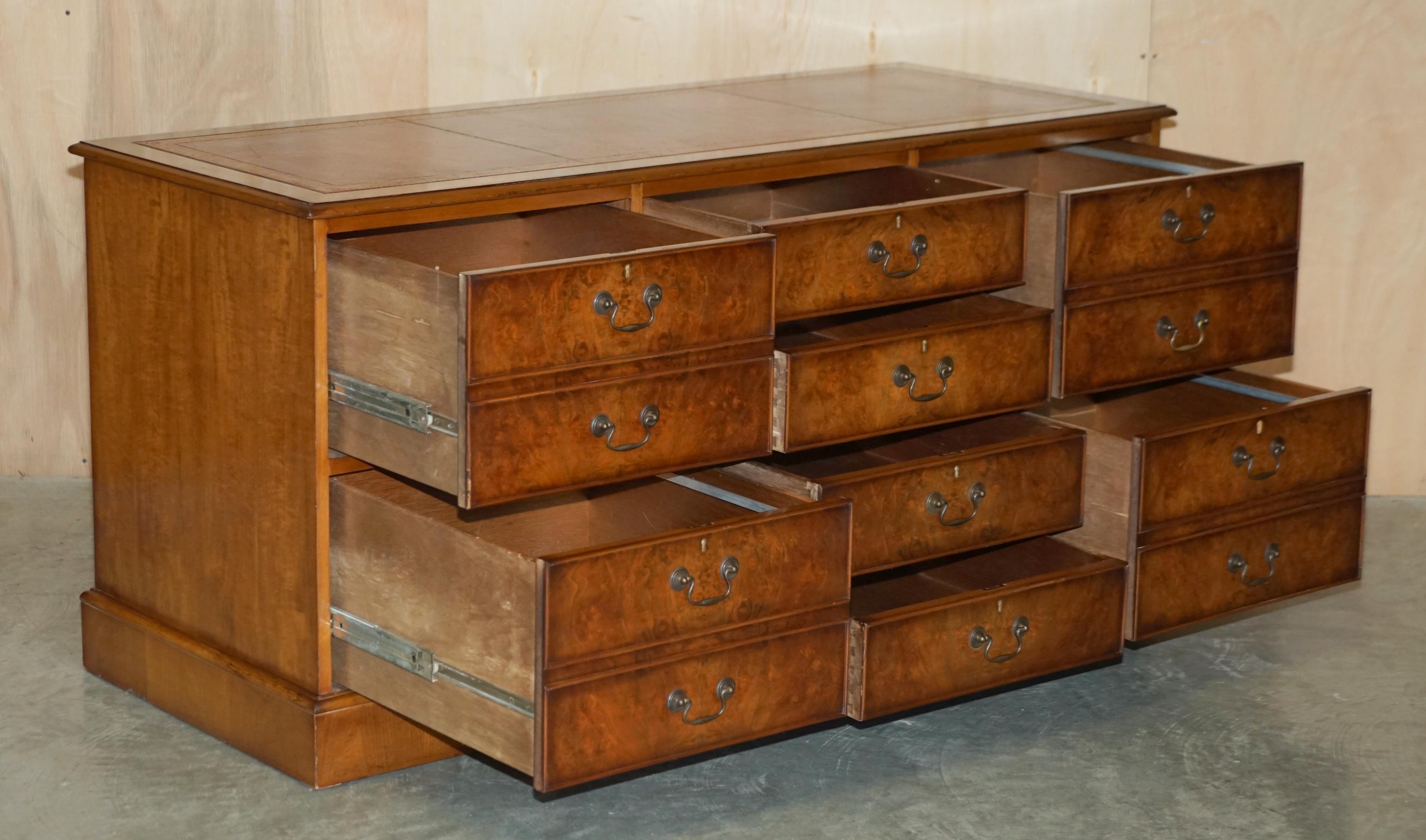 Burr Walnut Oxblood Leather Triple Filing Cabinet Chest of Drawers Sideboard For Sale 14